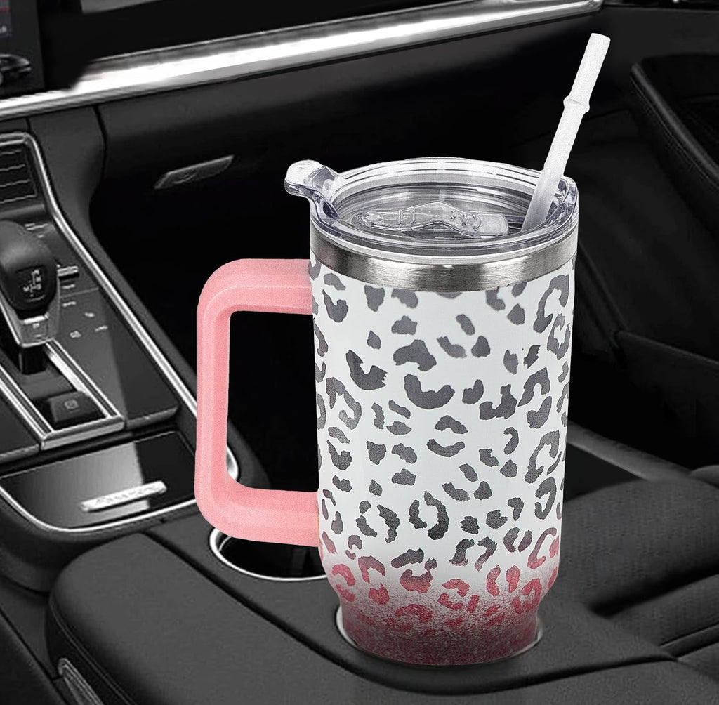 40oz Leopard Print Insulated Travel Mug - Leak Proof Coffee Tumbler with Handle for Women, Cute Cheetah Lover Gift Idea