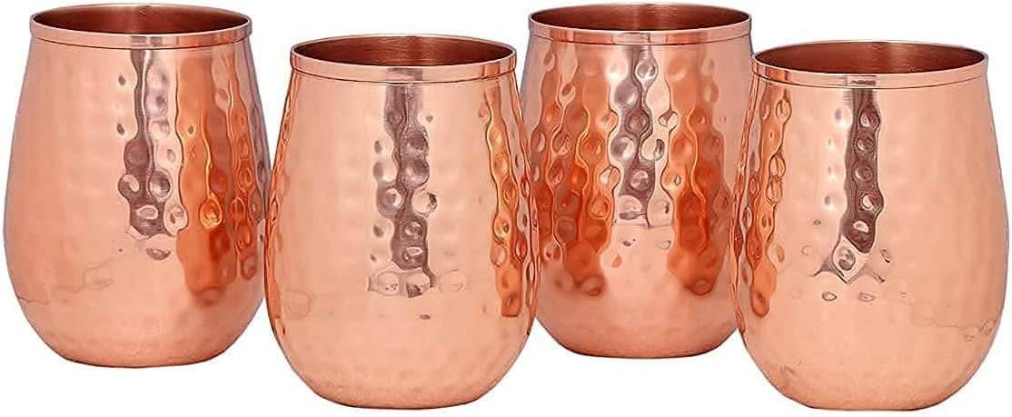 Copper Glasses Set of 4 – Pure Copper 17 oz Stemless Tumblers, Insulated & Reusable for Moscow Mule & Beverages