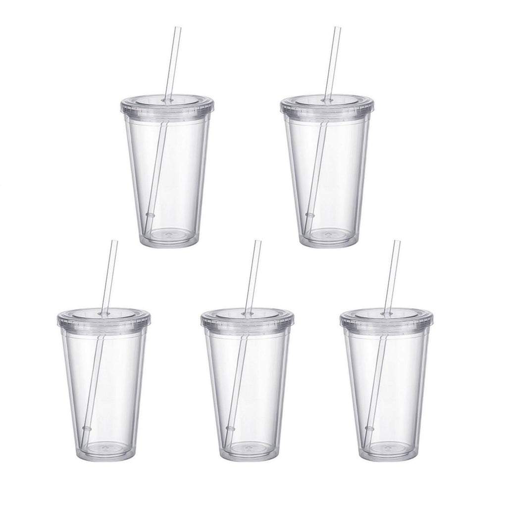 5PCS Double Wall Clear Plastic Tumbler with Lid and Straw, 17oz Reusable Cup for Adults, BPA-Free Cold Drink Glass for Smoothies Iced Coffee, Travel Cup