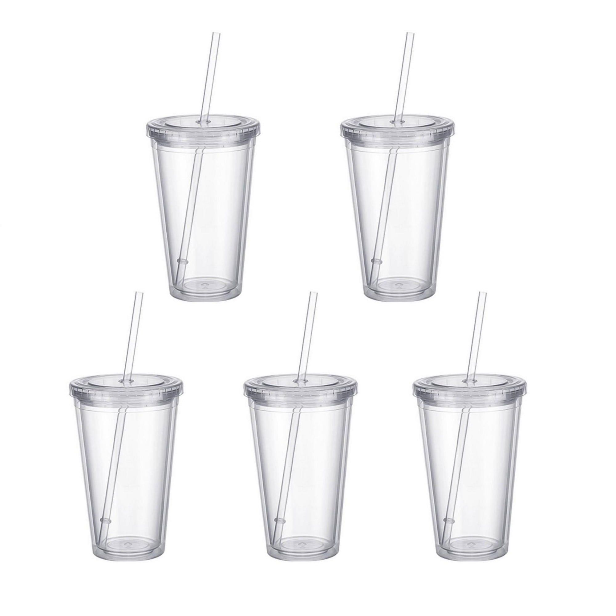 5PCS Double Wall Clear Plastic Tumbler with Lid and Straw, 17oz Reusable Cup for Adults, BPA-Free Cold Drink Glass for Smoothies Iced Coffee, Travel Cup