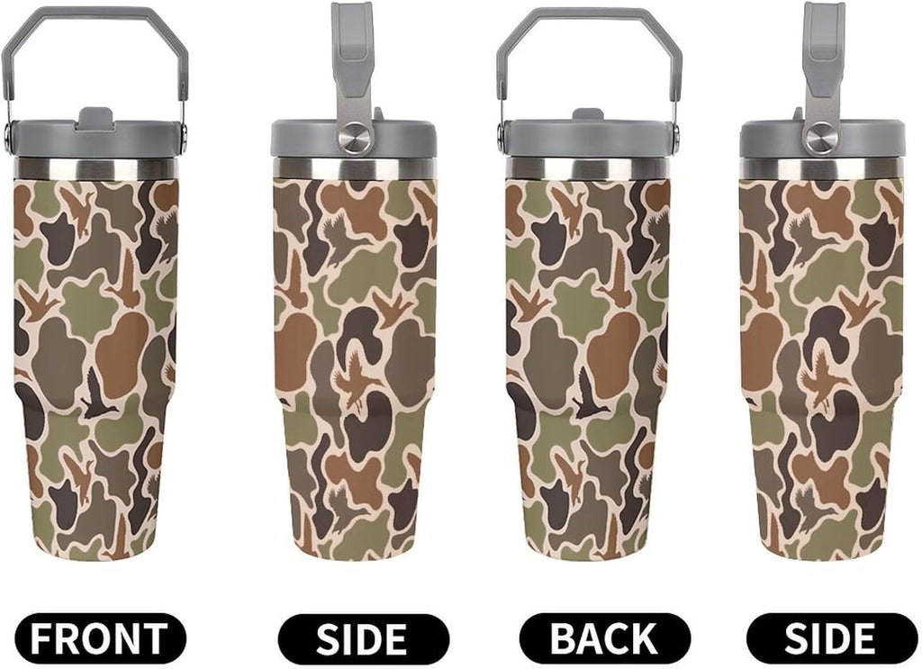 Stainless Steel Tumbler with Lid And Straw 30 Oz Top Handle Duck Hunting Camo Leakproof Vacuum Insulated Water Bottle for Car Travel