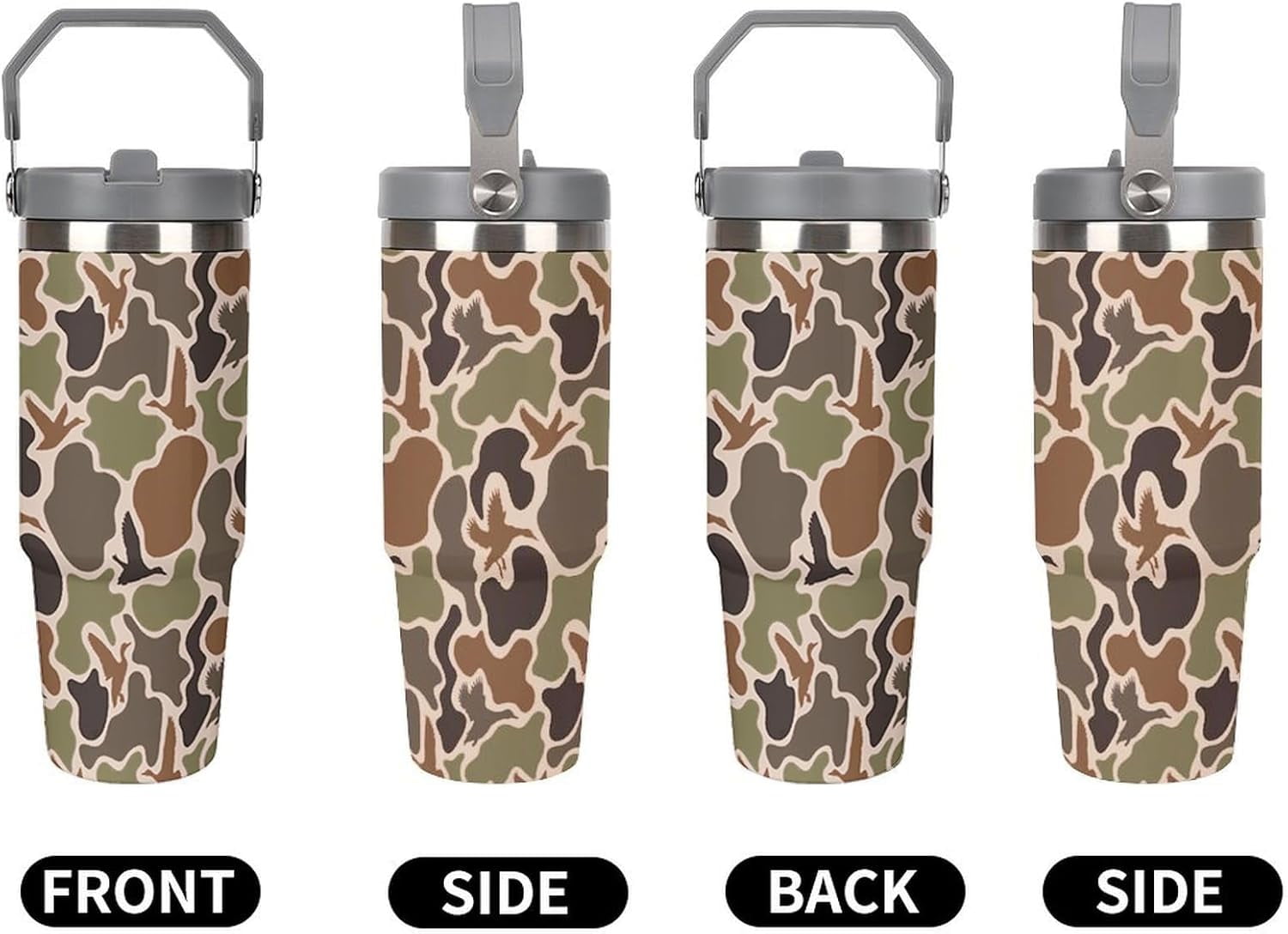 Stainless Steel Tumbler with Lid And Straw 30 Oz Top Handle Duck Hunting Camo Leakproof Vacuum Insulated Water Bottle for Car Travel