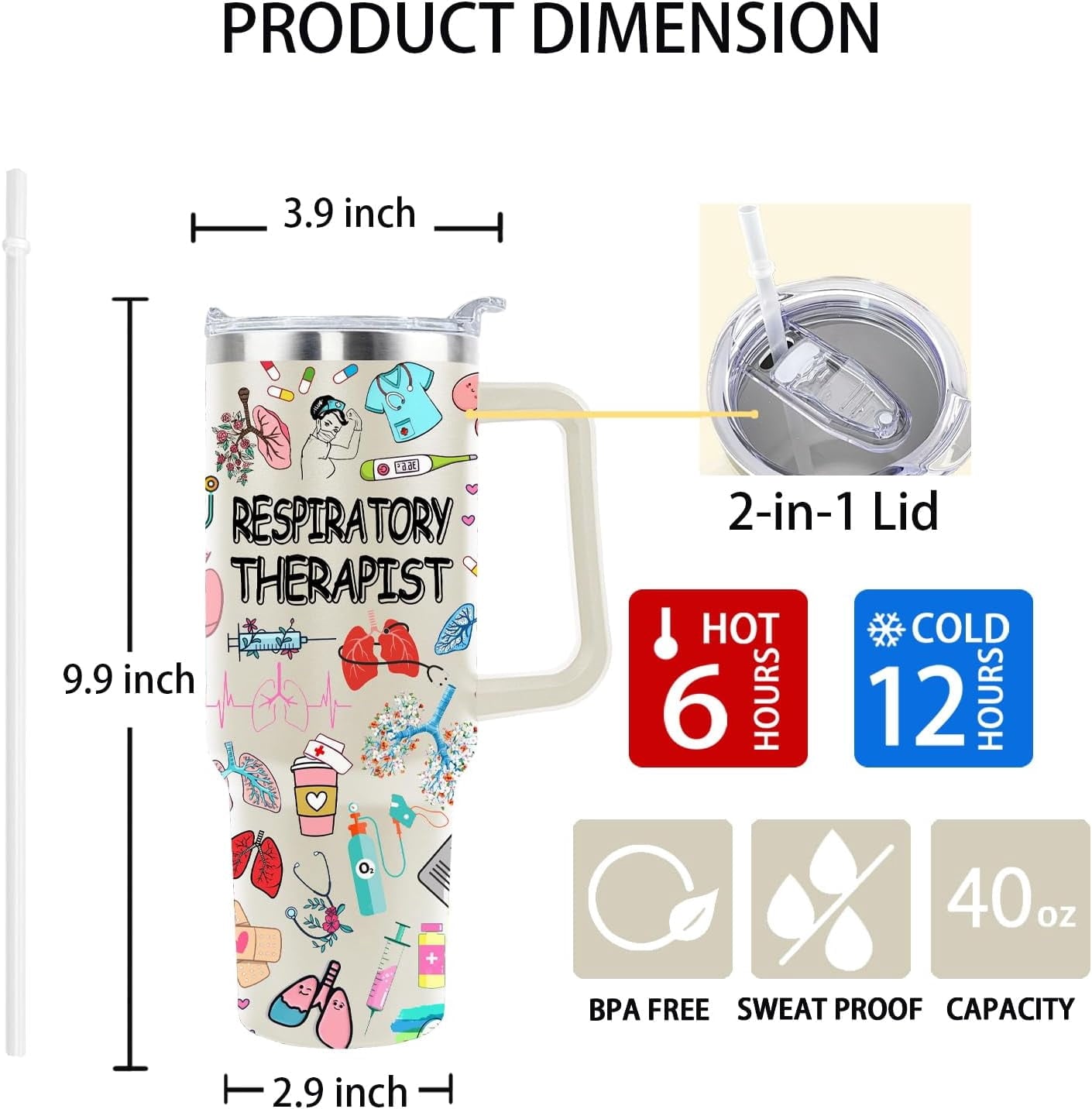 40 Oz Respiratory Therapist Tumbler Cup Respiratory Therapist Gifts Stainless Steel Insulated Travel Coffee Mug with Handle Respiratory Therapist Week Gifts for Women Men