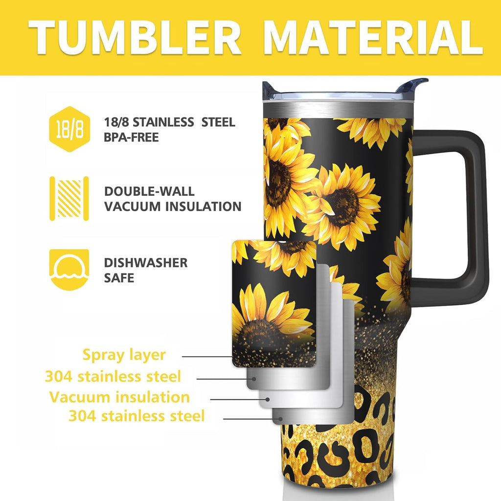 Sunflower Gifts Cup for Women Girls, 40oz Tumbler with Handle and Straw Lid, Stainless Steel Double Walled Insulated Mug Water Bottle, Sun Flowers Floral Lover Birthday Gift Idea