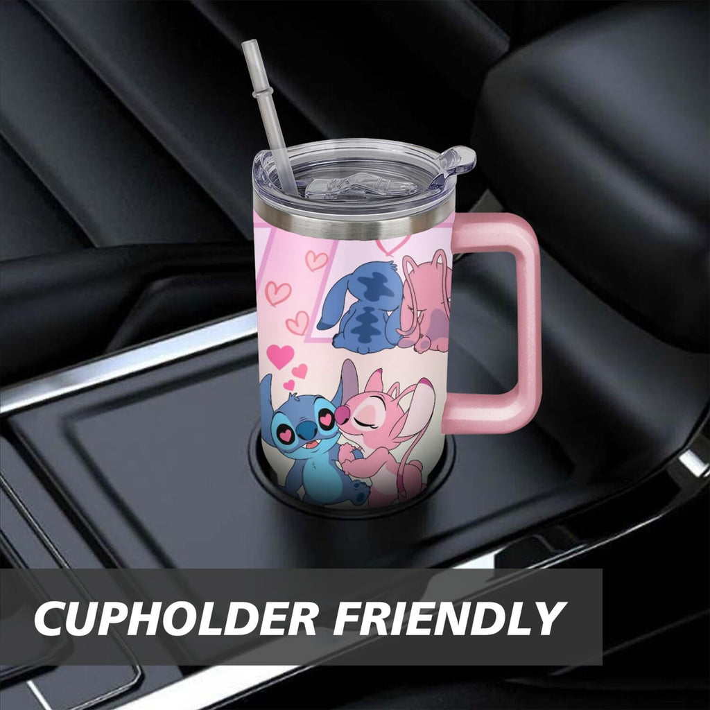 40oz Cartoon Movie Stainless Steel Tumbler with Lid and Straw,Spill Proof Cartoon Travel Cup for Cartoon Lovers Double Wall Vacuum Insulated Coffee Mug with Handle Pink