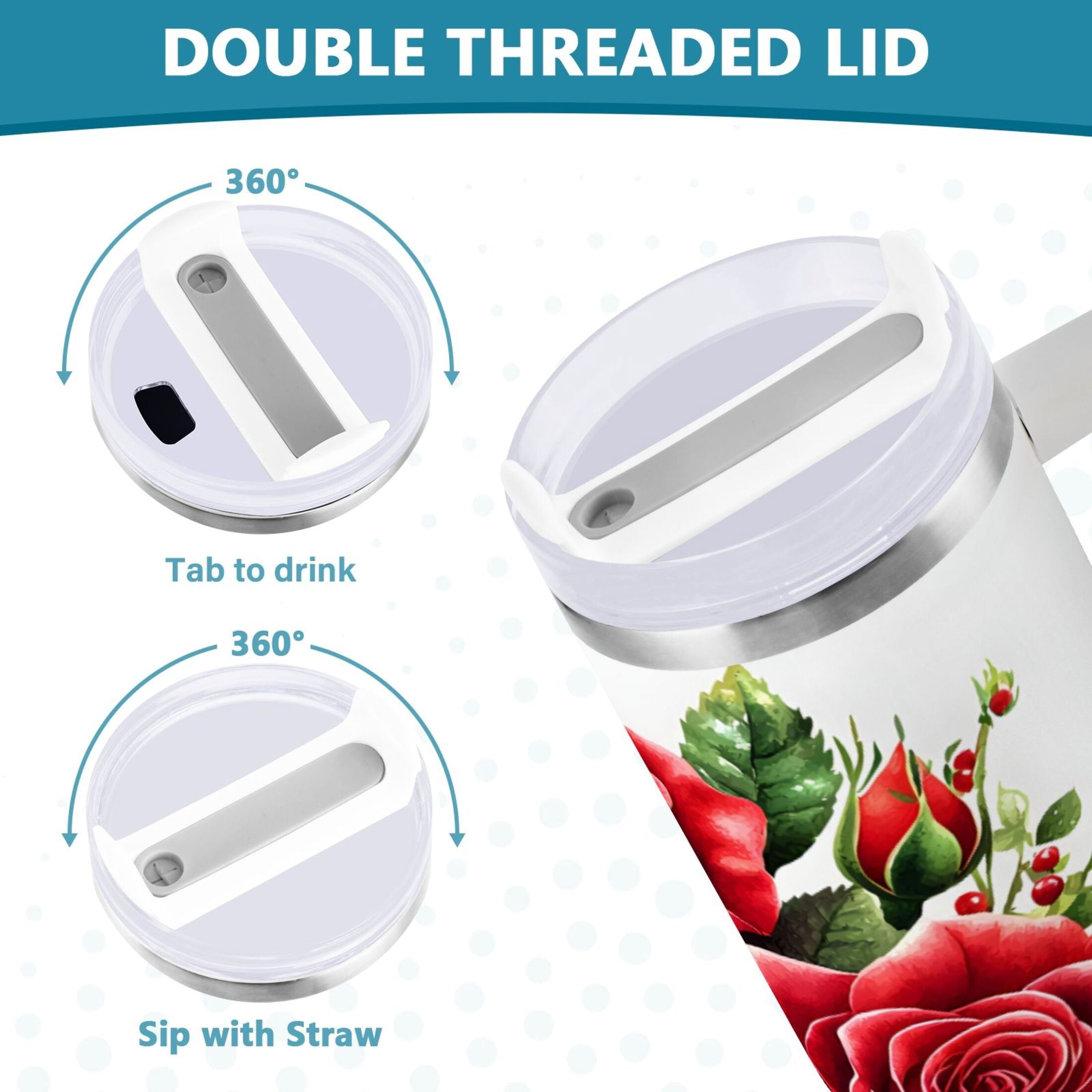 Ryvnso 40 oz Tumbler with Handle and Straw Insulated Stainless Steel Travel Mug with Lid Roses Flower