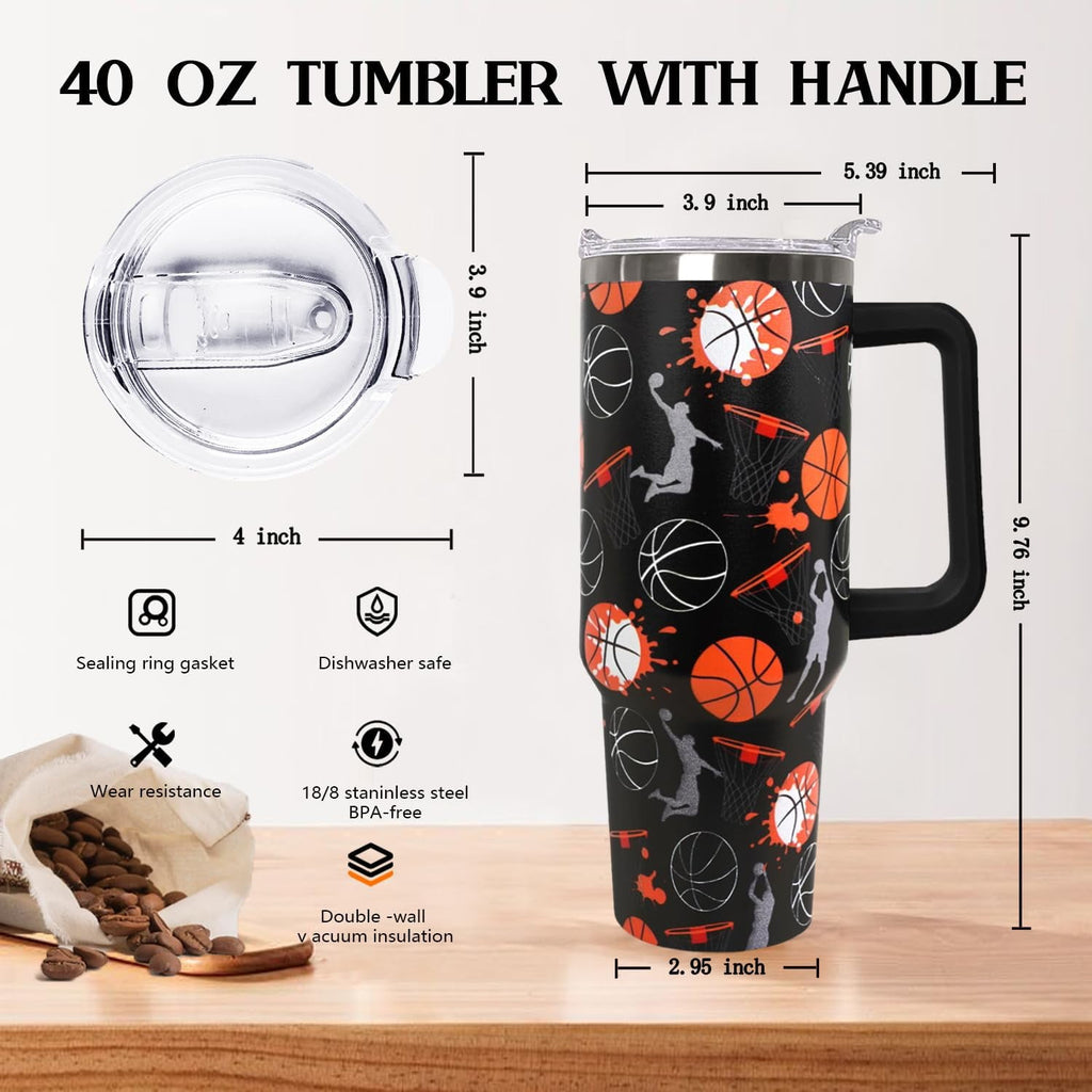 40 oz Basketball Coffee Mug Cup Vacuum Insulated Travel Tumbler with Handle Lid and Straw,Basketball Coach Gifts,Accessories Stuff