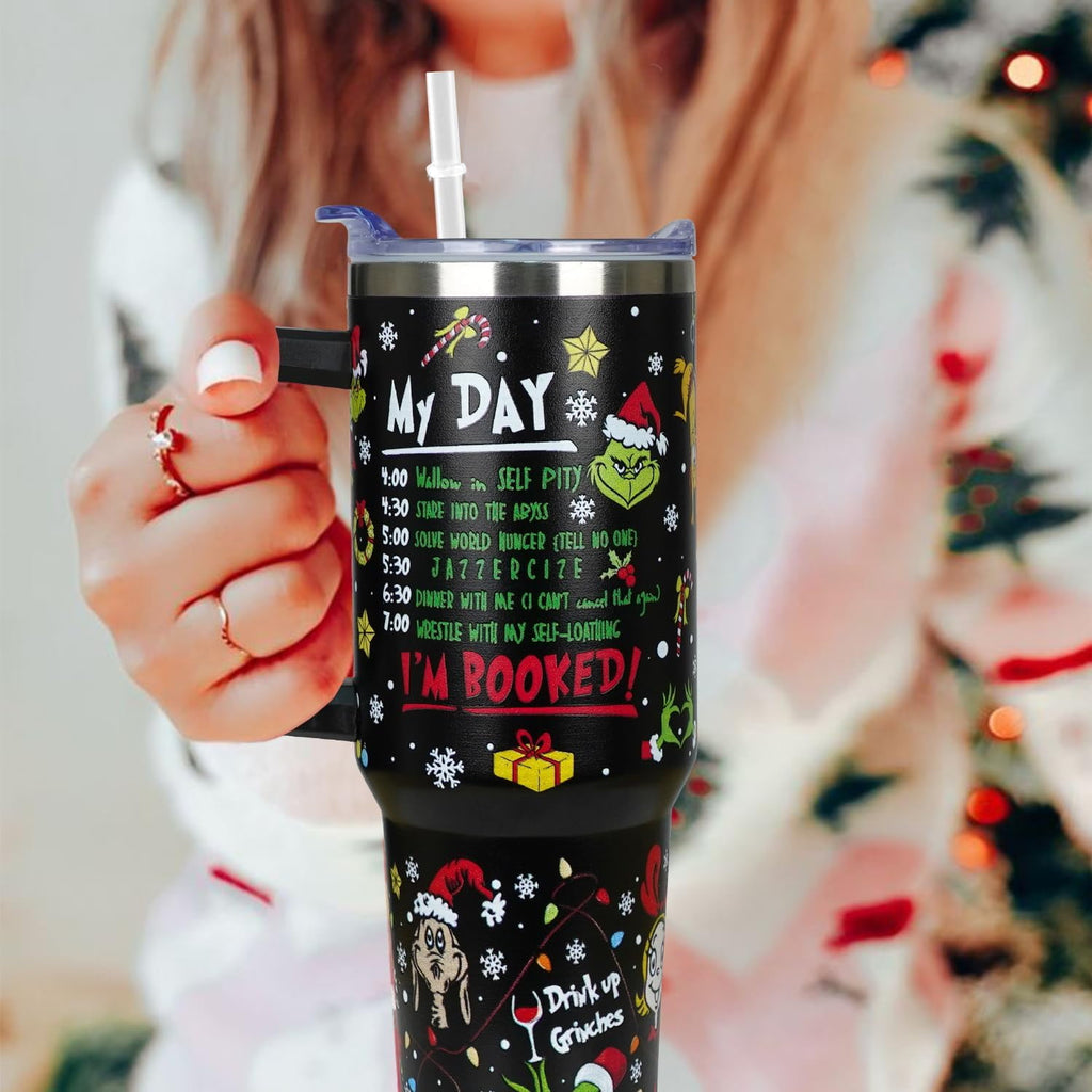 40 oz Christmas Tumbler with Handle Gifts for Girls Daughter Women, Christmas Stainless Steel Insulated Coffee Cups Tumblers with Lids and Straws, Black