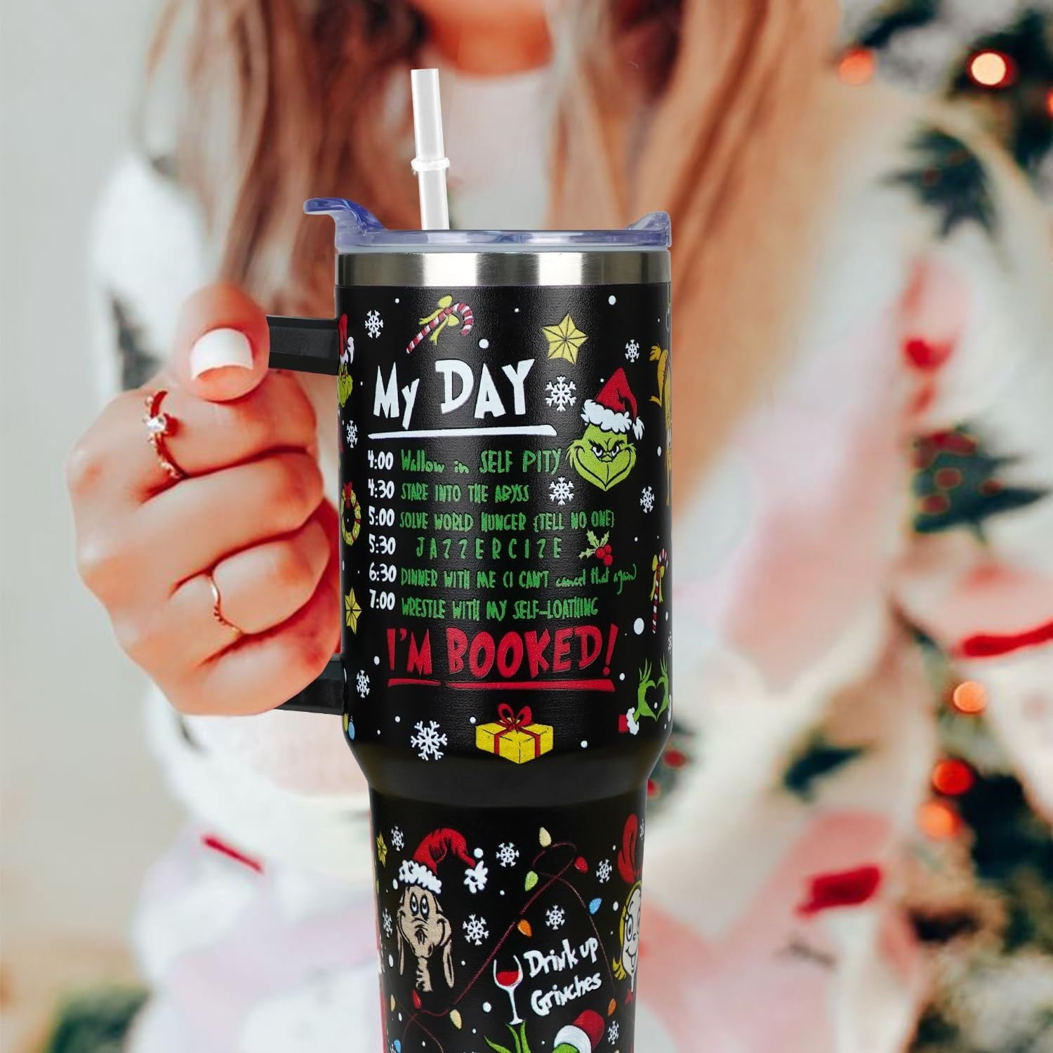 40 oz Christmas Tumbler with Handle Gifts for Girls Daughter Women, Christmas Stainless Steel Insulated Coffee Cups Tumblers with Lids and Straws, Black