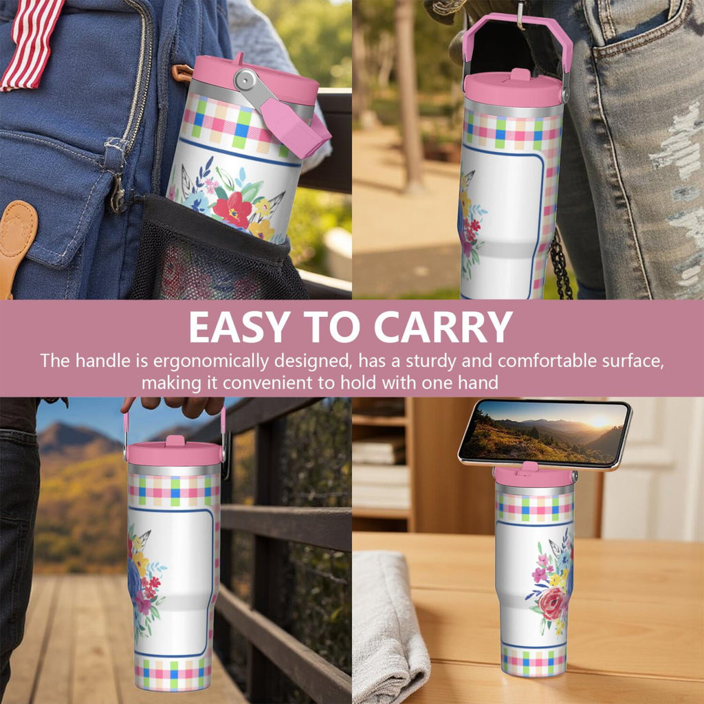 30oz Pioneer Colorful Floral Stainless Steel Flip Straw Tumbler with Lid and Straw Spill Proof Travel Cup Double Wall Vacuum Insulated Coffee Mug with Top Handled Pink