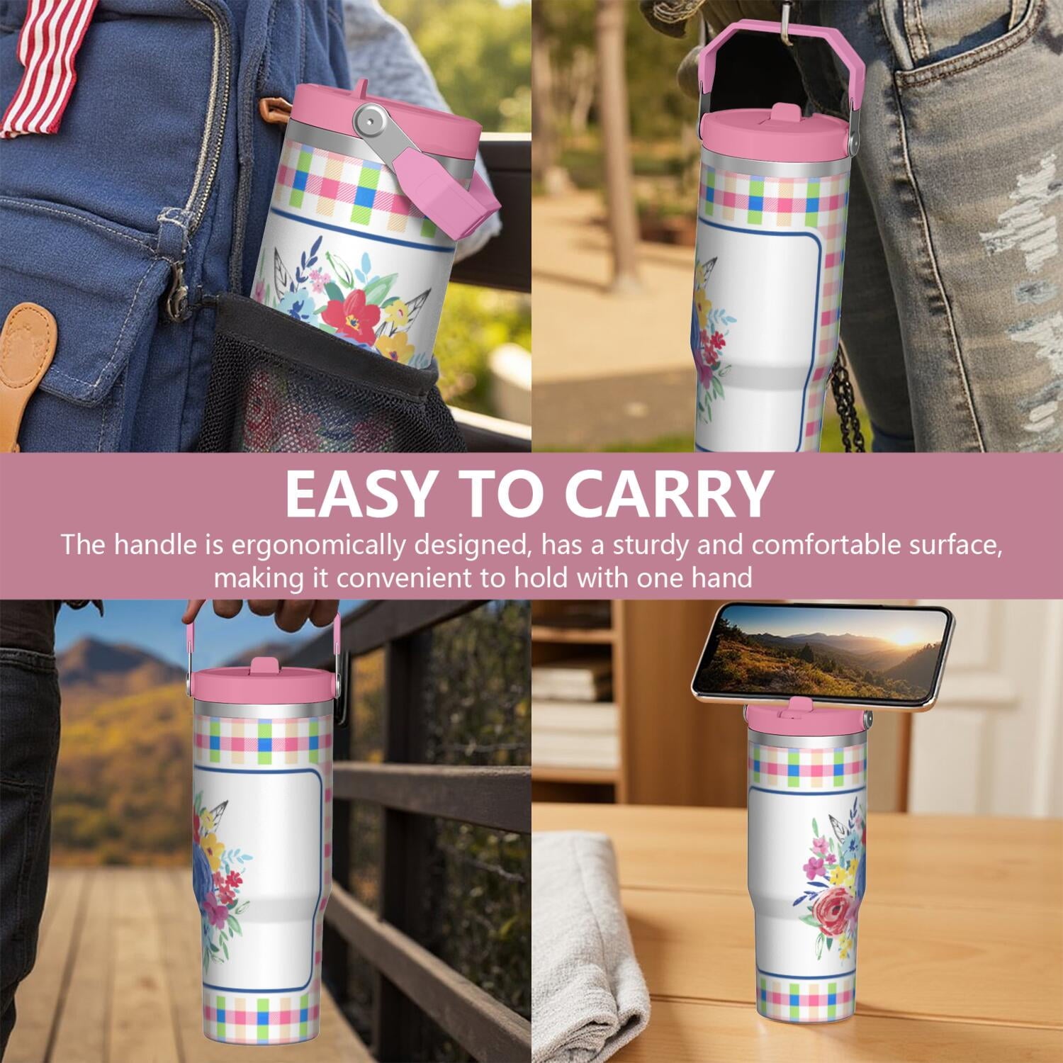 30oz Pioneer Colorful Floral Stainless Steel Flip Straw Tumbler with Lid and Straw Spill Proof Travel Cup Double Wall Vacuum Insulated Coffee Mug with Top Handled Pink
