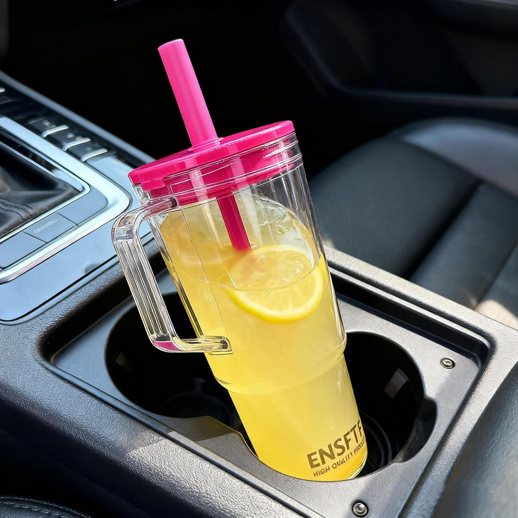 40 oz Insulated Clear Tumbler with Handle, Lid, and Straw | Reusable | Suitable for Hot & Cold Drinks | Double-Walled Plastic Water Bottle | Leak-Proof | BPA-Free | White
