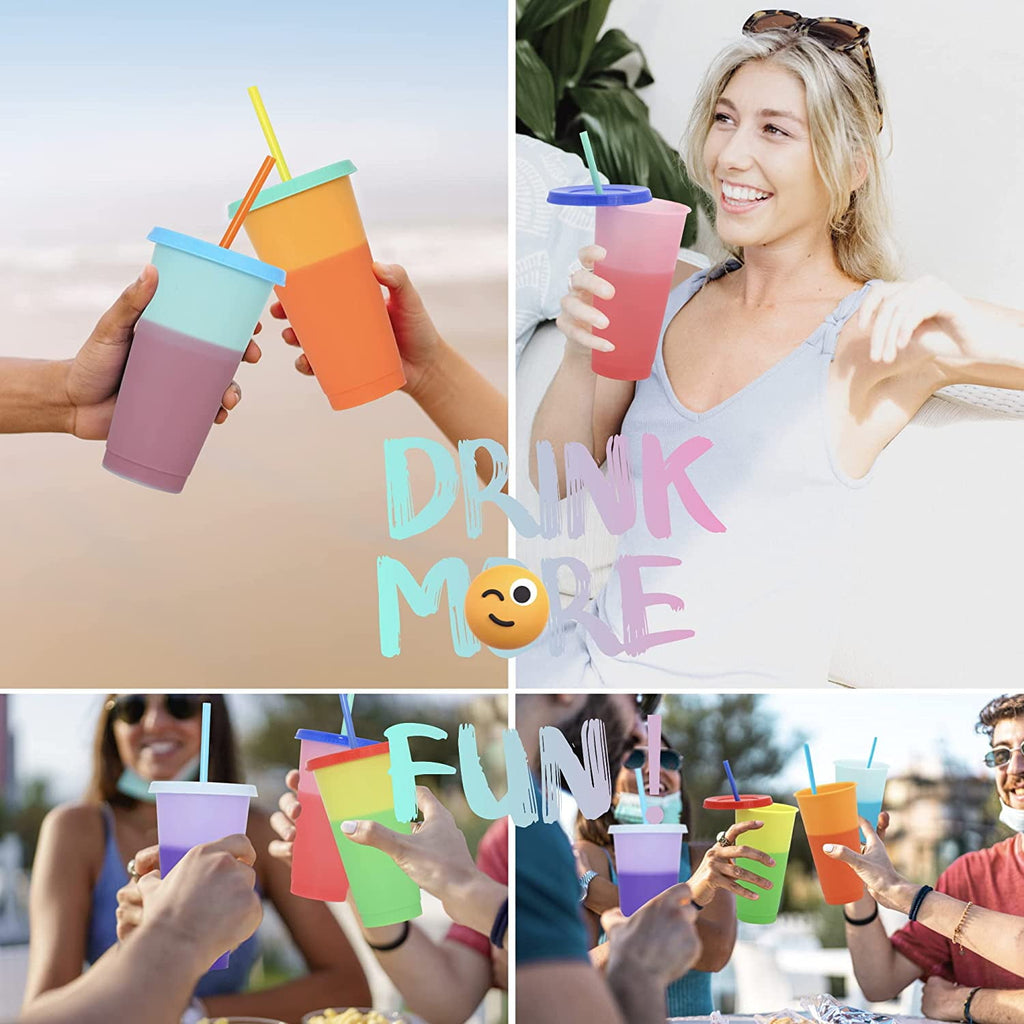 Trianu Color Changing Cups with Lids and Straws 7Pcs 12 OZ Reusable Plastic Cups for Kids Women, Cold Iced Coffee Cups & Party Water Tumbler