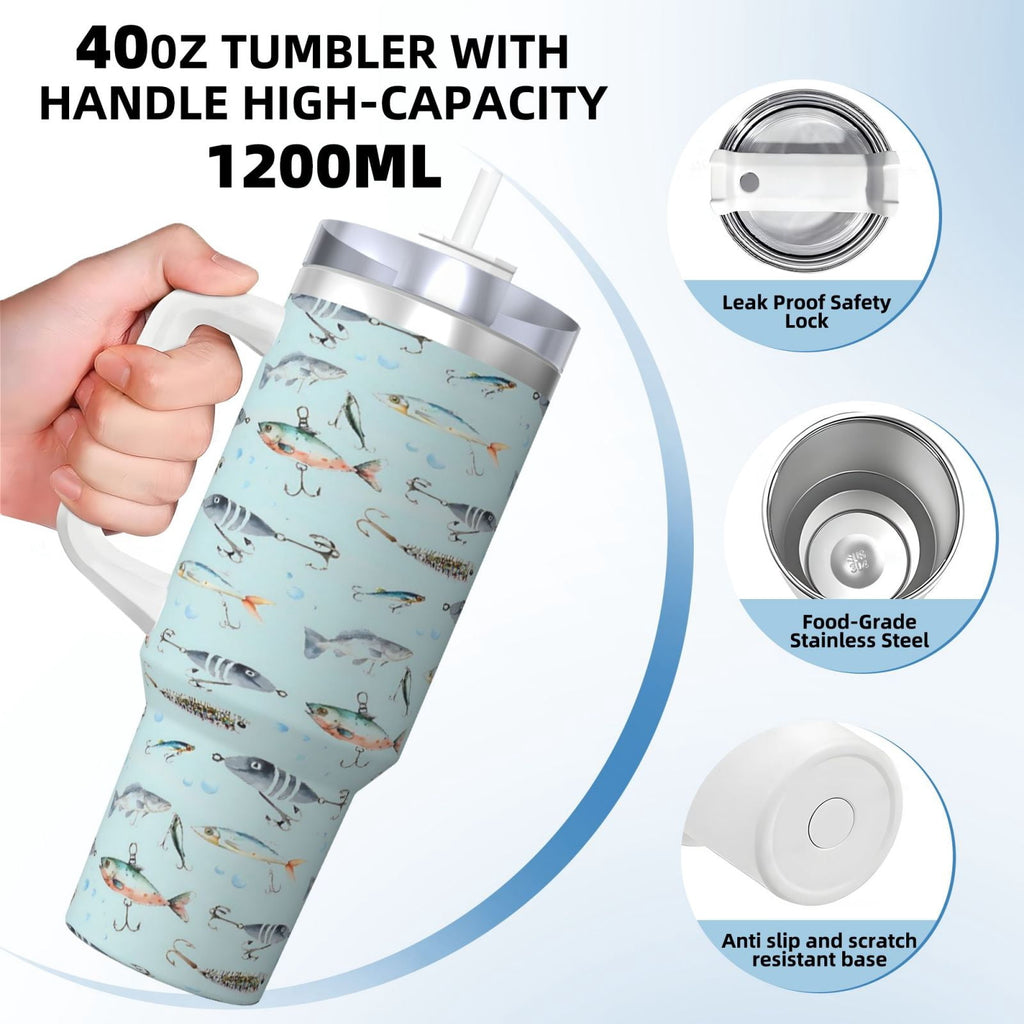 Fishing Cup Insulated Tumbler Stainless Steel Vacuum Travel Mug 40 oz with Handle and Straw Lid
