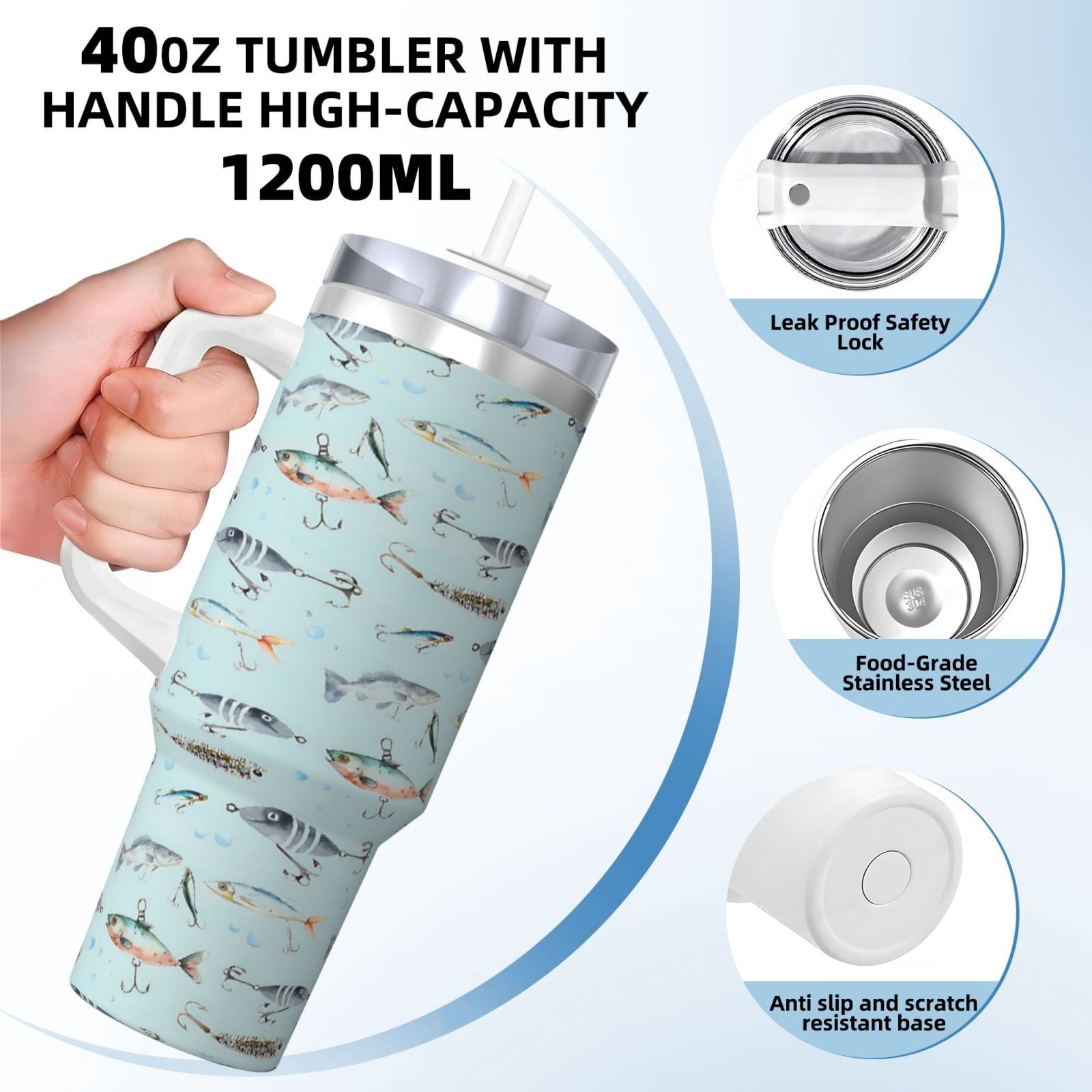 Fishing Cup Insulated Tumbler Stainless Steel Vacuum Travel Mug 40 oz with Handle and Straw Lid