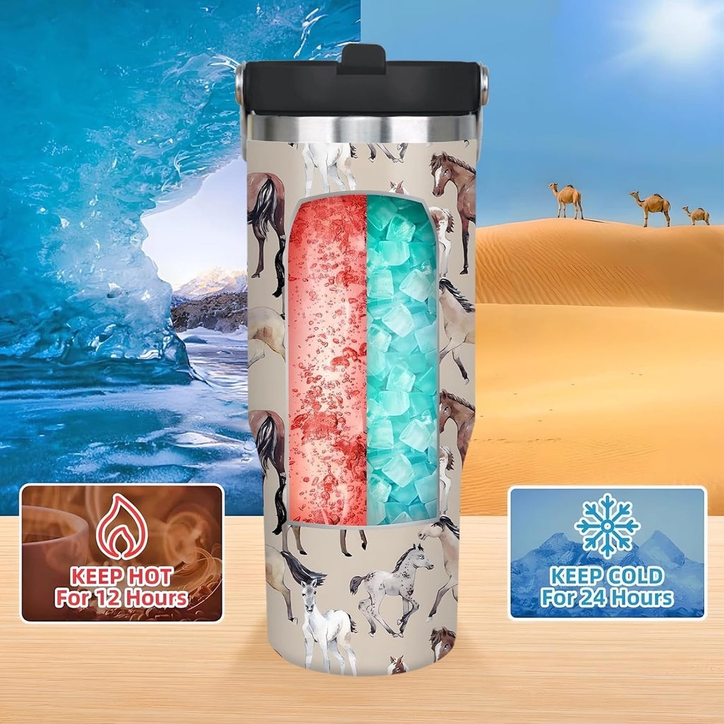 30 oz Horse Tumbler With Handle and Straw, 30oz Horse Flip Straw Tumbler Insulated Coffee Travel Mugs Cup Water Bottle Horse Gifts for Horse Lovers Women Girls