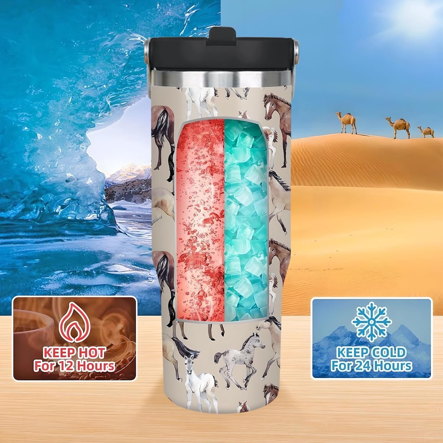 30 oz Horse Tumbler With Handle and Straw, 30oz Horse Flip Straw Tumbler Insulated Coffee Travel Mugs Cup Water Bottle Horse Gifts for Horse Lovers Women Girls