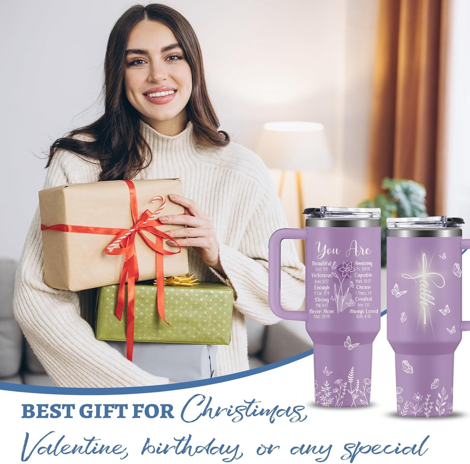 Christian Gifts for Women Faith, 30 Oz Stainless Steel Vacuum Christian Tumbler, Birthday Christmas Graduation Gifts For Women Mom Sister Best Friends, Purple Christmas Coffee Insulated Cup