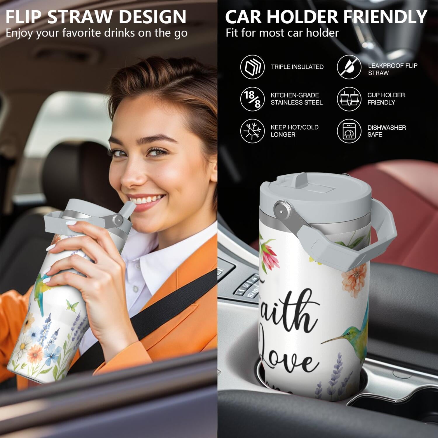 1pc Hummingbird 30oz Tumbler with Straw & Handle - Insulated Stainless Steel Cup | Holiday Gift for Man Women (Christmas, Valentine's, Birthday)