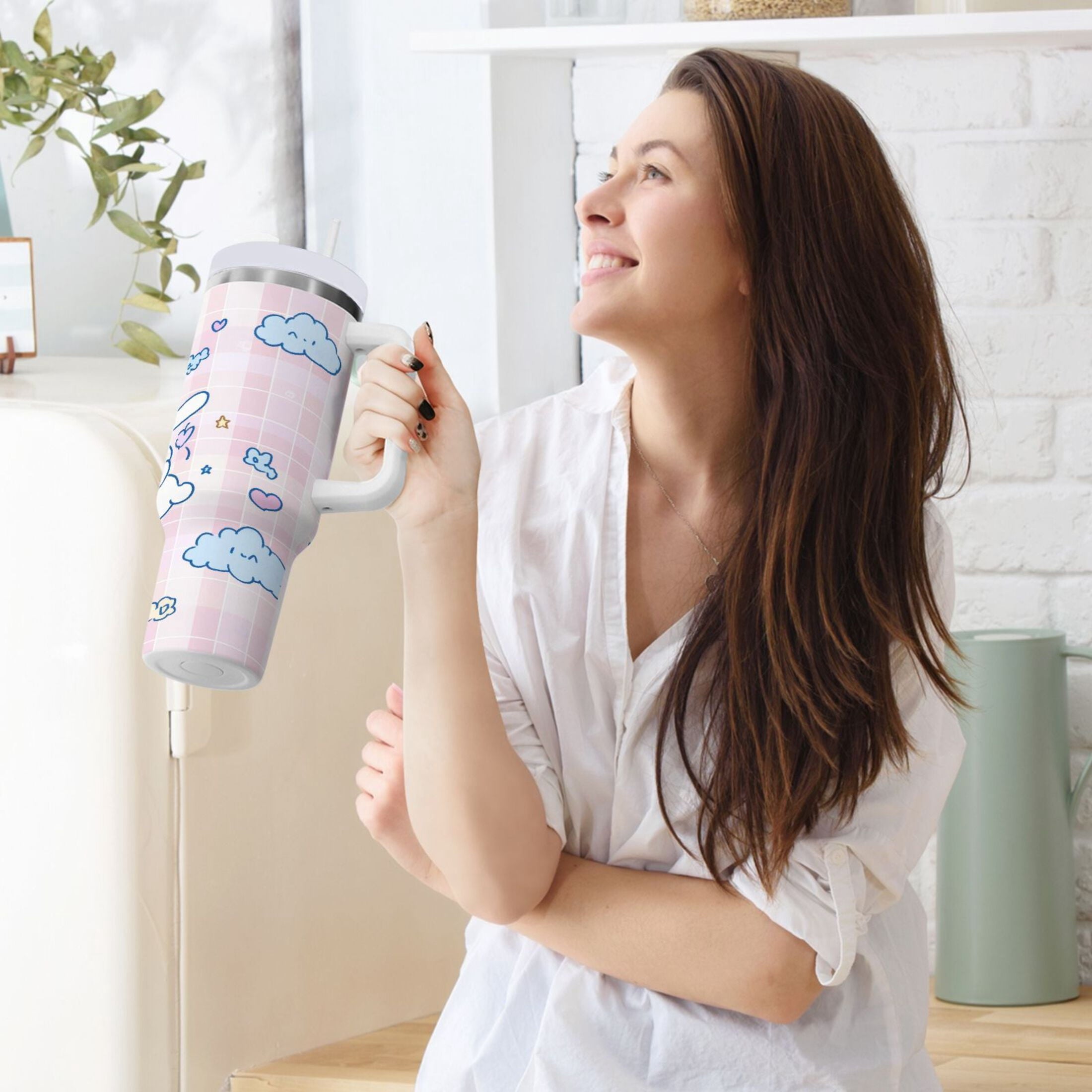Cinnamoroll Flying in Sky Tumbler with Handle and Straw Lid 30 oz Insulated Vacuum Water Bottle Stainless Steel Travel Cup