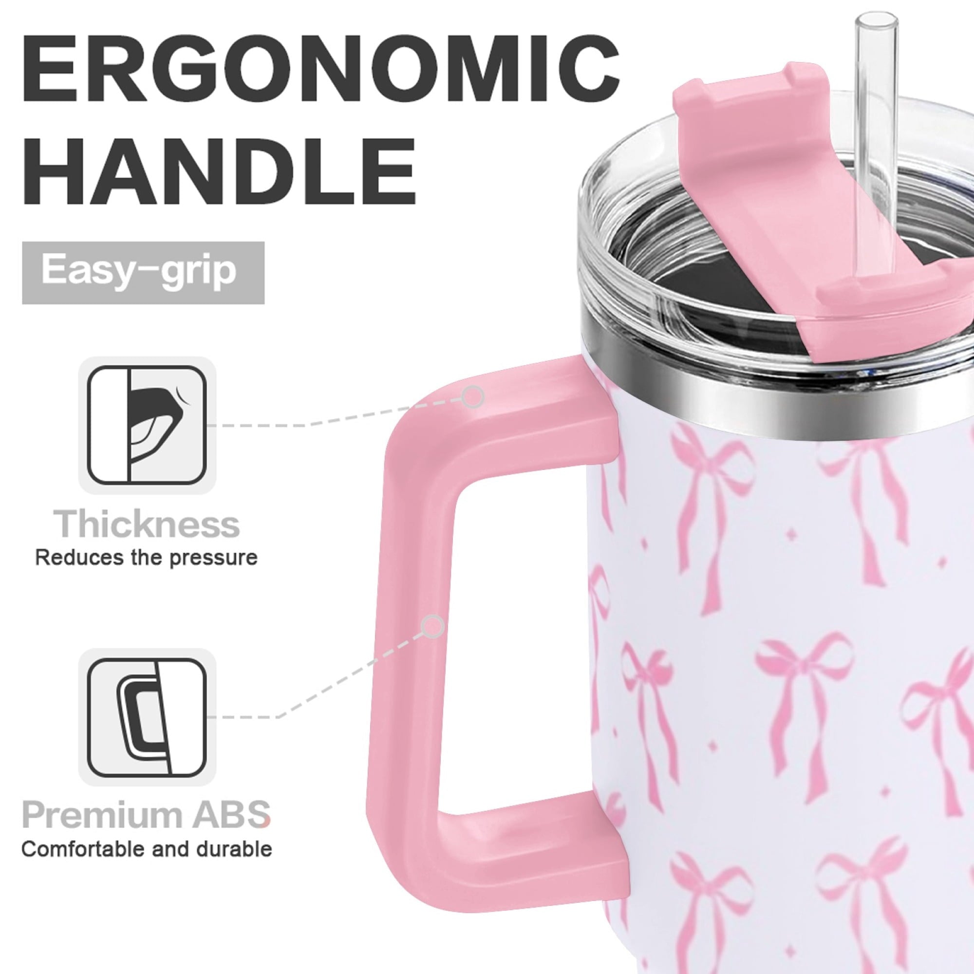 40oz Elegant Pink Bow Tumbler - Insulated Travel Mug with Handle, Reusable Straw & Leak-Proof Lid|Women's Gift for Birthday, Mother's Day, Valentine's & Holidays
