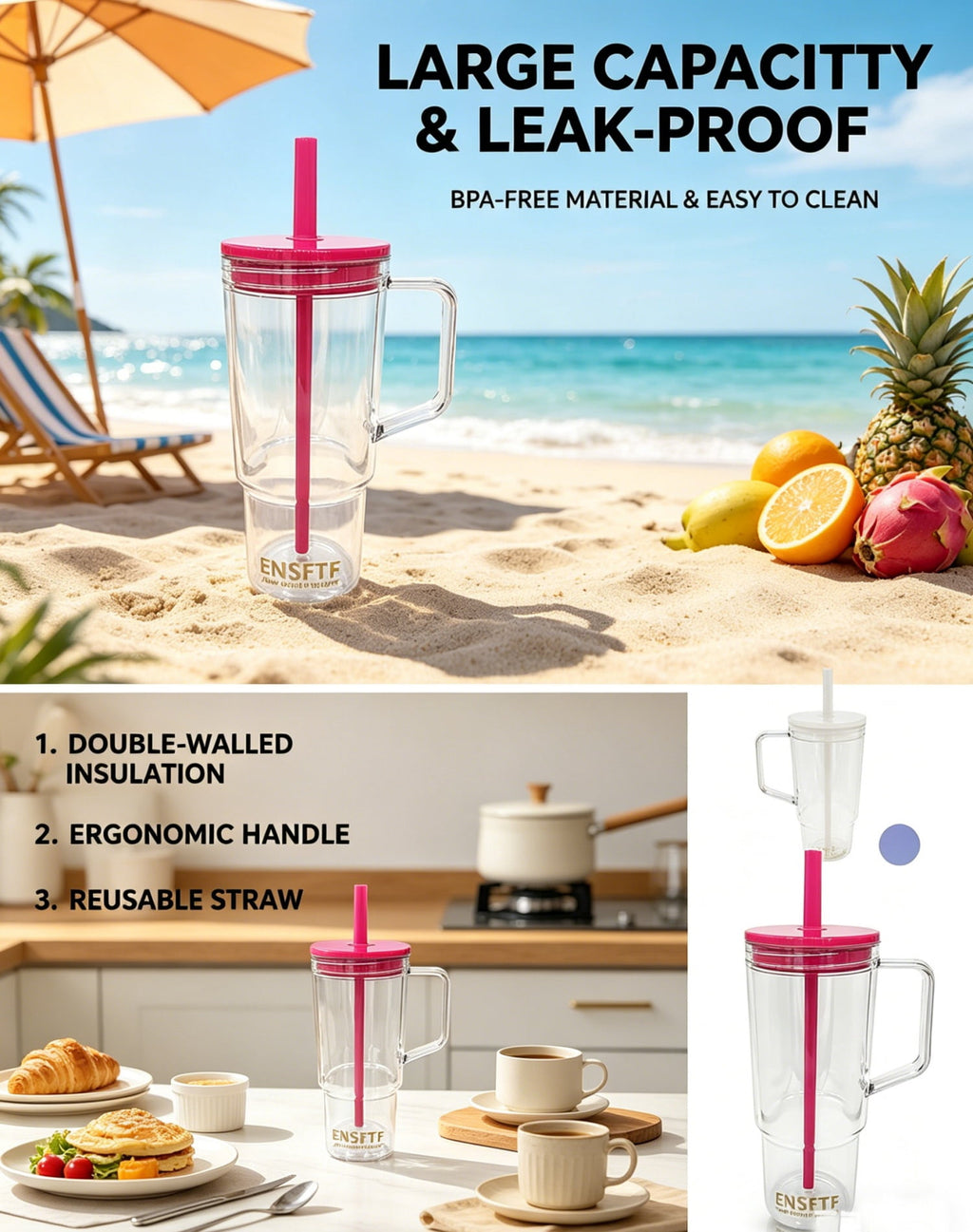 40oz Insulated Clear Tumbler with Handle and Lid & Straw, Reusable Travel Mug for Cold and Hot Drinks, Double-Wall Plastic Water Bottle | Crystal-Clear | Car Cup Holder Fit | Leakproof | BPA-Free