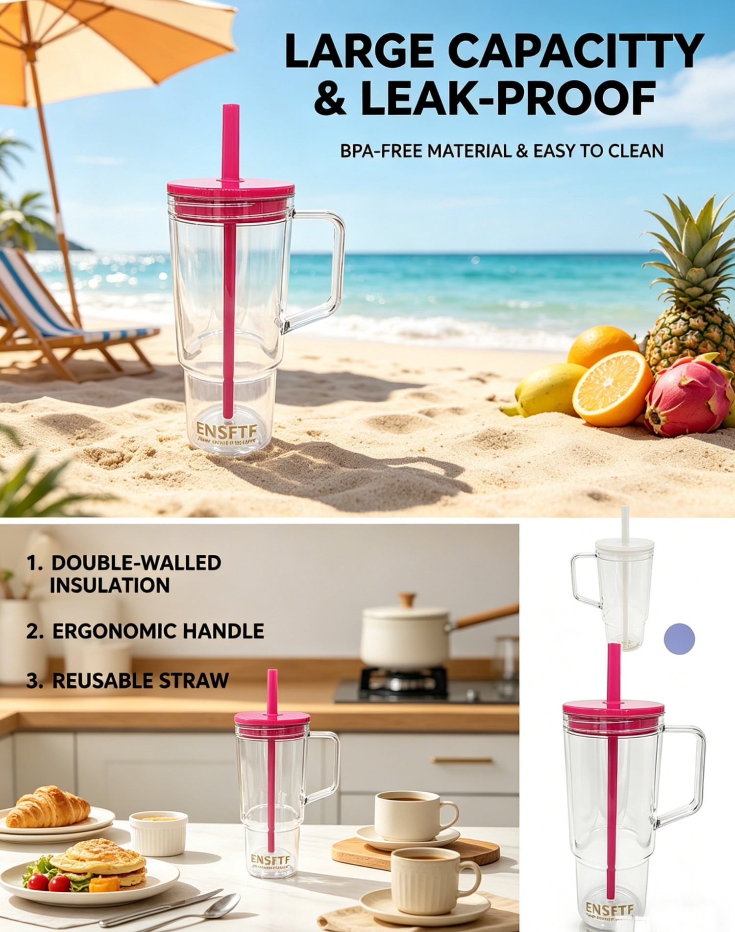 40oz Insulated Clear Tumbler with Handle and Lid & Straw, Reusable Travel Mug for Cold and Hot Drinks, Double-Wall Plastic Water Bottle | Crystal-Clear | Car Cup Holder Fit | Leakproof | BPA-Free