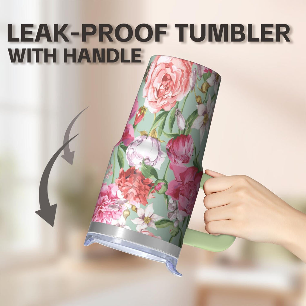 20oz Insulated Floral Tumbler with Handle, Stainless Steel Travel Mug for Hot Drinks and Iced Beverages, Leak-Proof Lid, Gift for Women