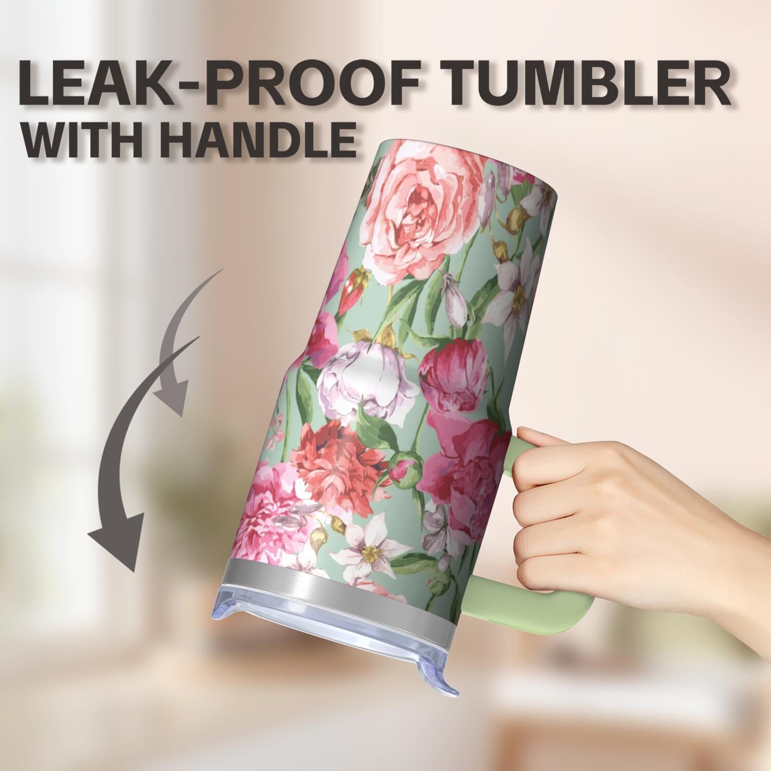 20oz Insulated Floral Tumbler with Handle, Stainless Steel Travel Mug for Hot Drinks and Iced Beverages, Leak-Proof Lid, Gift for Women