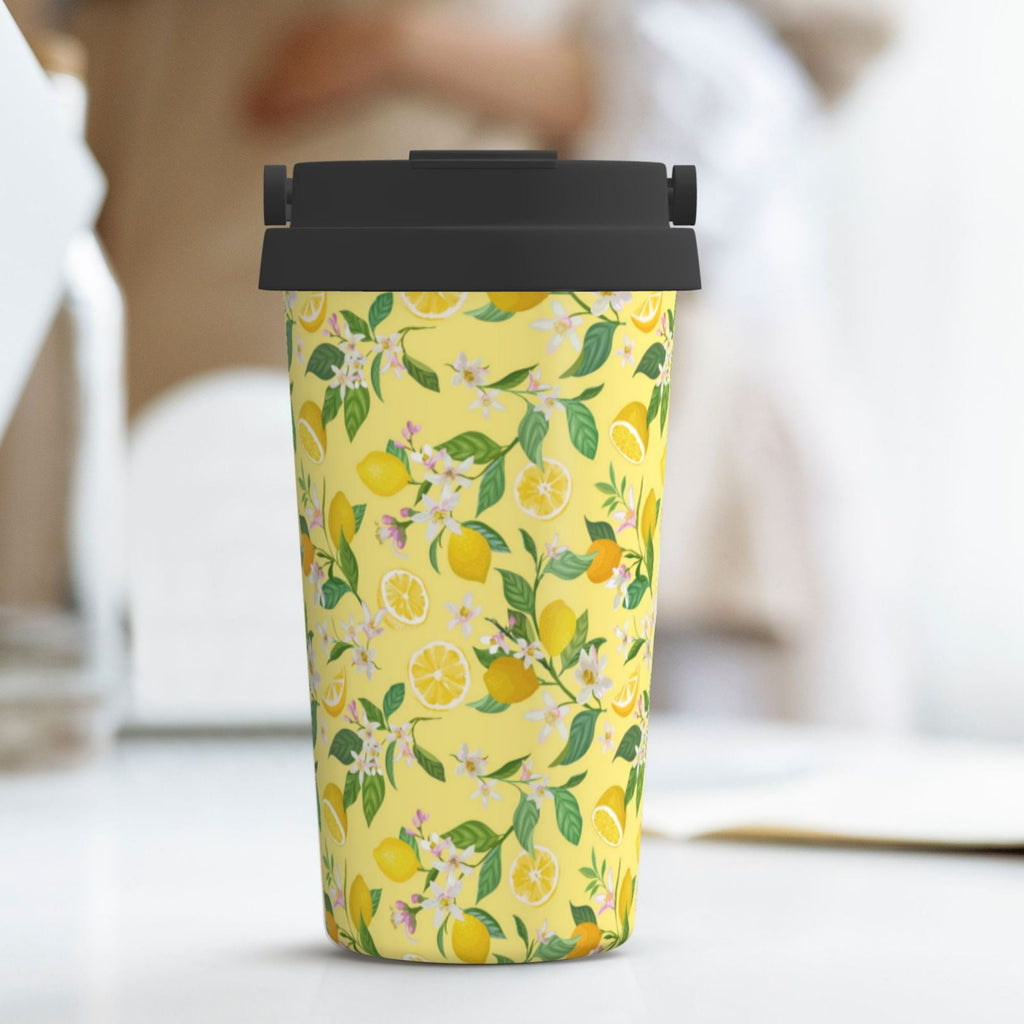 Rateoe Lemon (2) Pattern Travel Coffee Mug Tumbler with Flip Lid | Reusable Insulated Stainless Steel Cold Brew Iced Coffee Cup Thermos