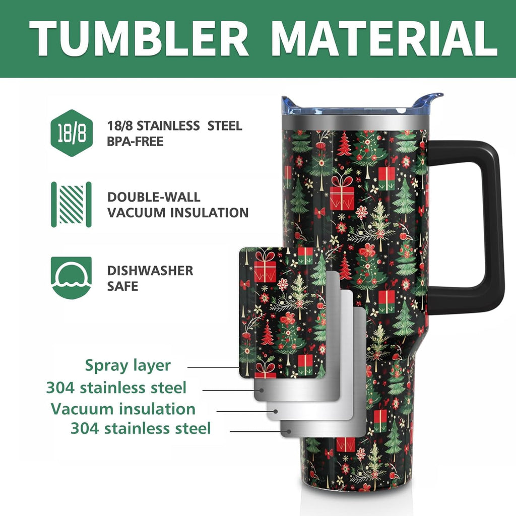 Christmas Gifts 40 Oz Tumbler with Handle and Straw, Green Xmas Tree Stainless Steel Insulated Cup Water Bottle, Retro Holiday Gifts for Women Men (1PC)