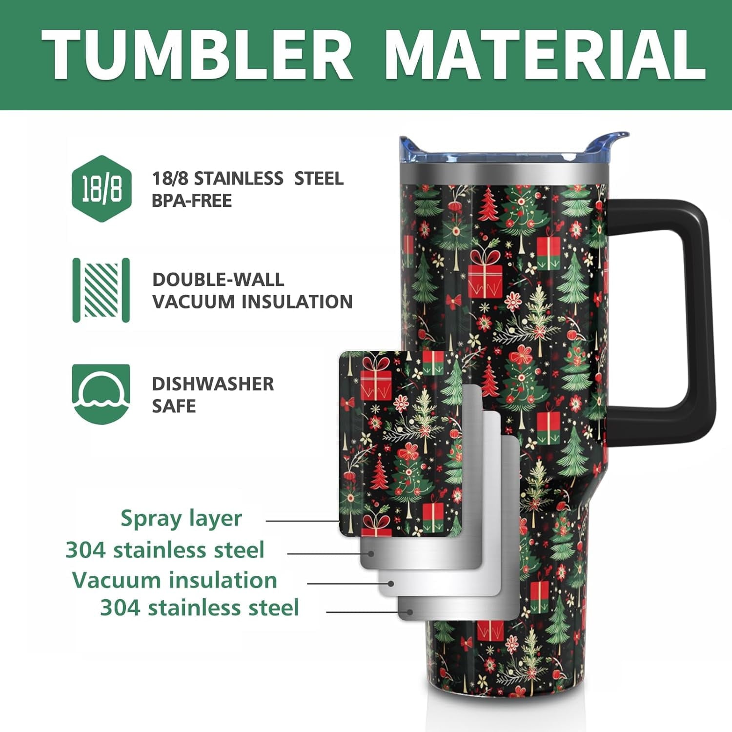 Christmas Gifts 40 Oz Tumbler with Handle and Straw, Green Xmas Tree Stainless Steel Insulated Cup Water Bottle, Retro Holiday Gifts for Women Men (1PC)