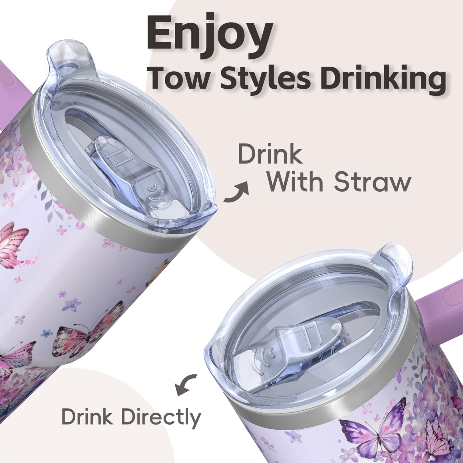 20OZ Double Wall Insulated Tumbler with Handle Straw Stainless Steel Travel Mug Leak Proof Lid Vacuum Design Keeps Cold for 34 Hours Portable Cup Holder Fit Reusable Drinkware Butterfly Print