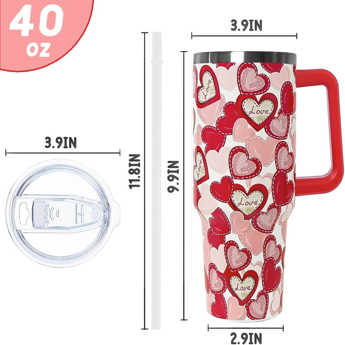 Valentines Tumbler with Handle 40 oz Red Love Hearts Coffee Travel Mug Stainless Steel Insulated Cup Valentines Anniversary Wedding Birthday Gifts for Women