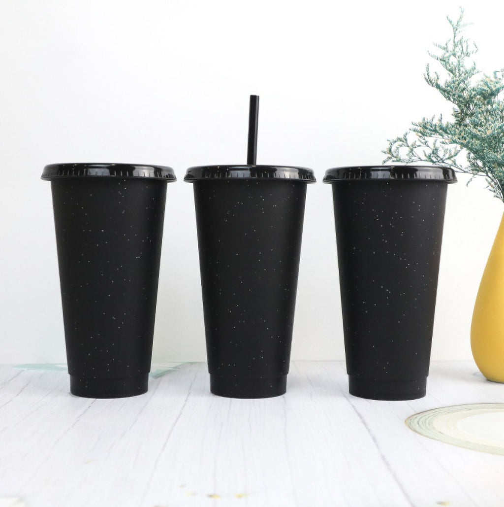 Reusable Plastic Tumblers with Lids & Straws - 6 Pcs 24oz Large Glitter Tumbler Cups for Adults Kids Women Party | Tall Iced Cold Straw Drinking Cute Tumbler Cup Bulk(Black)
