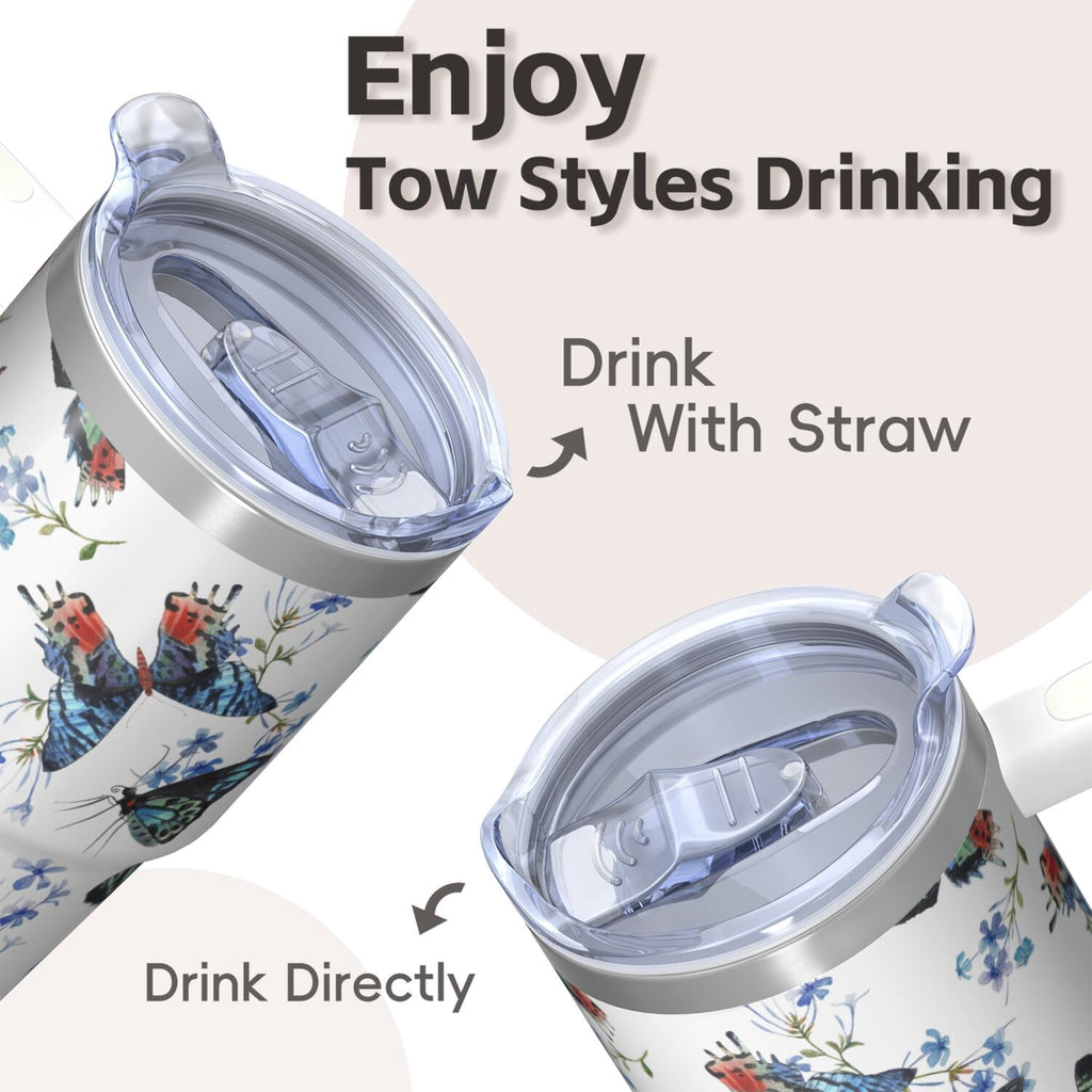 20OZ Travel Tumbler with Handle Straw Leak Proof Lid Insulated Stainless Steel Mug Double Wall Vacuum Design Keeps Cold for 34 Hours Portable Cup Holder Fit Reusable Drinkware Butterfly Pattern