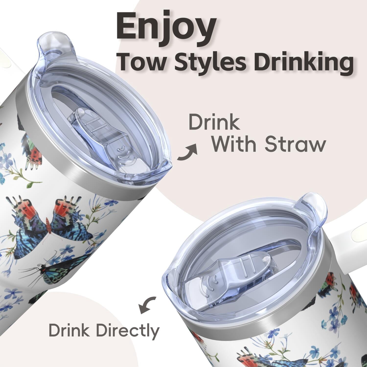 20OZ Travel Tumbler with Handle Straw Leak Proof Lid Insulated Stainless Steel Mug Double Wall Vacuum Design Keeps Cold for 34 Hours Portable Cup Holder Fit Reusable Drinkware Butterfly Pattern