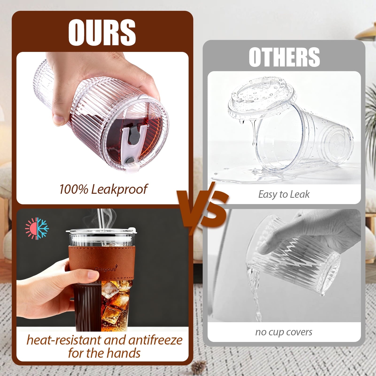 Lumikrypt 4 Pcs 20 oz Ribbed Glass Tumblers with Straw Lids, Iced Coffee Tumbler with Heat-Resistant & Antifreeze Sleeves, Thickened Glass, Ideal for Iced Coffee, Smoothies, Juices