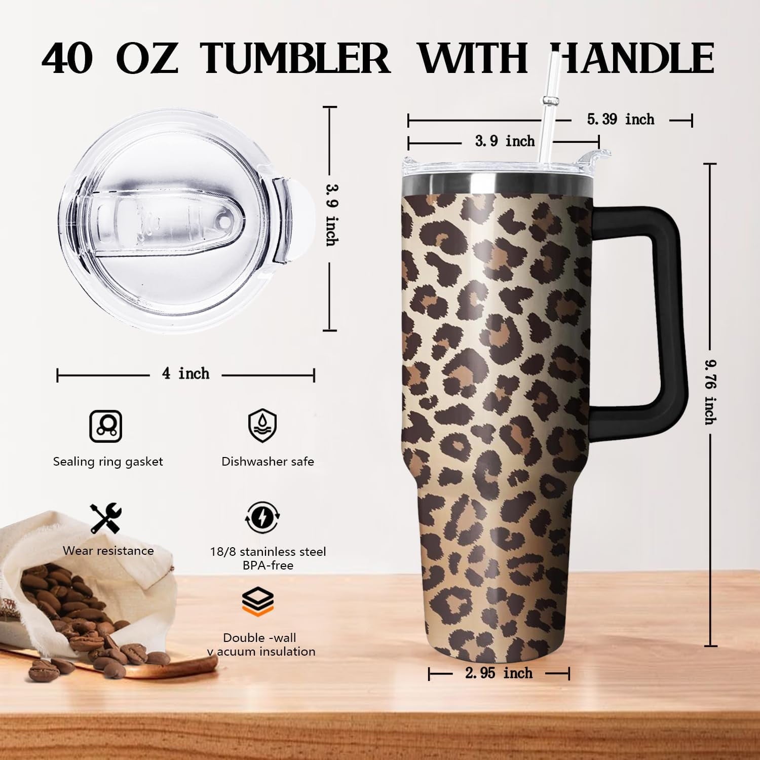 40oz Tumbler with Handle - Leopard Print Stainless Steel Travel Mug, Insulated Water Bottle for Coffee & Drinks - Gift for Women, Cheetah Decor