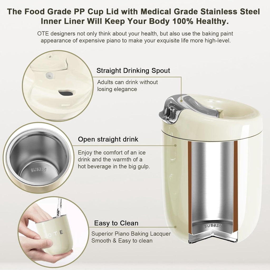 OTE Coffee Cup Travel Mug 12 OZ Leakproof, Keep Ice & Hot Personal Coffee Cup, 350 ML Vacuum Insulated Tumbler, BPA-Free Stainless Steel, Reusable Coffee Cups, Beige