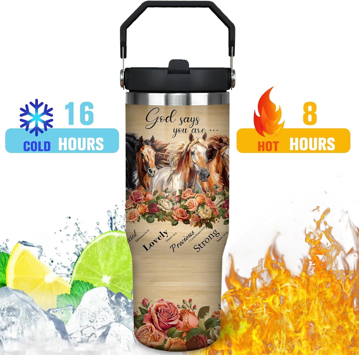 30oz Horse Tumbler Cup with Handle, 30 OZ Christ Christian Horse Travel Coffee Mug Water Bottle Stainless Steel Vacuum Insulated, Horse Decor Stuff Gifts for Women Girls Horse Accessories