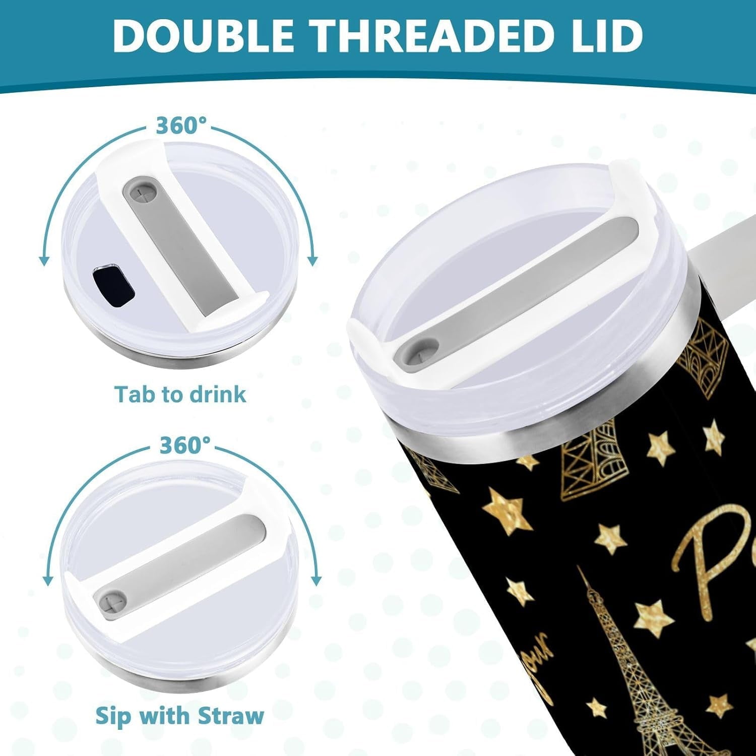 Eiffel Tower Tumbler Handle Lid and Straw Gold Glitter Stars Water Bottle Stainless Steel Coffee Travel Tumbler Mug Cup Gifts for Men Women 40oz