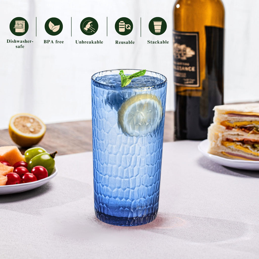 MIYOPESI 22oz Blue Acrylic Glasses Drinkware (Set of 6), Honeycomb BPA-Free Shatter-Proof Plastic Tumblers