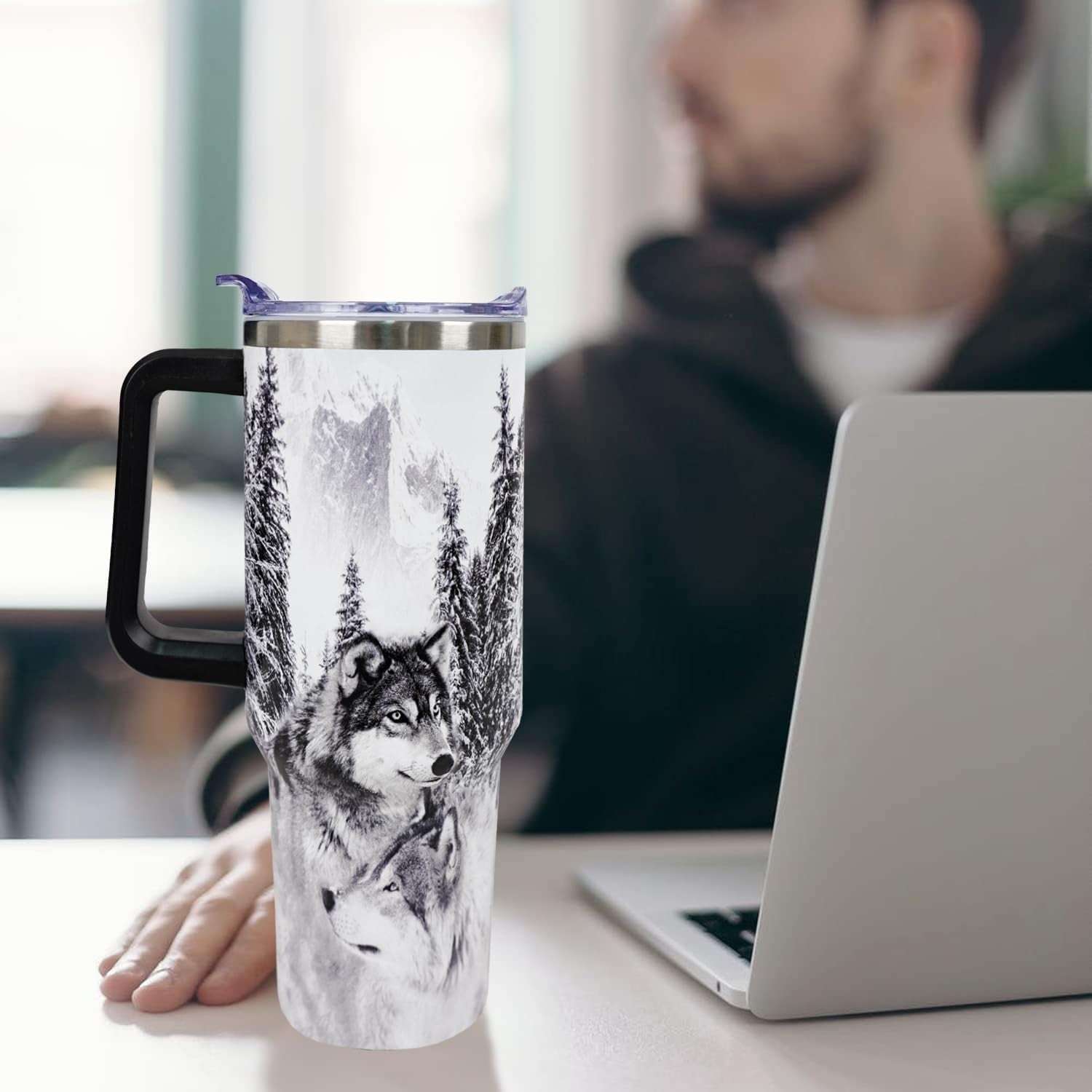 Wolf Lovers Gifts Wolf Tumbler Cup With Lid and Straw 40OZ Stainless Steel Insulated Travel Mug Water Bottle