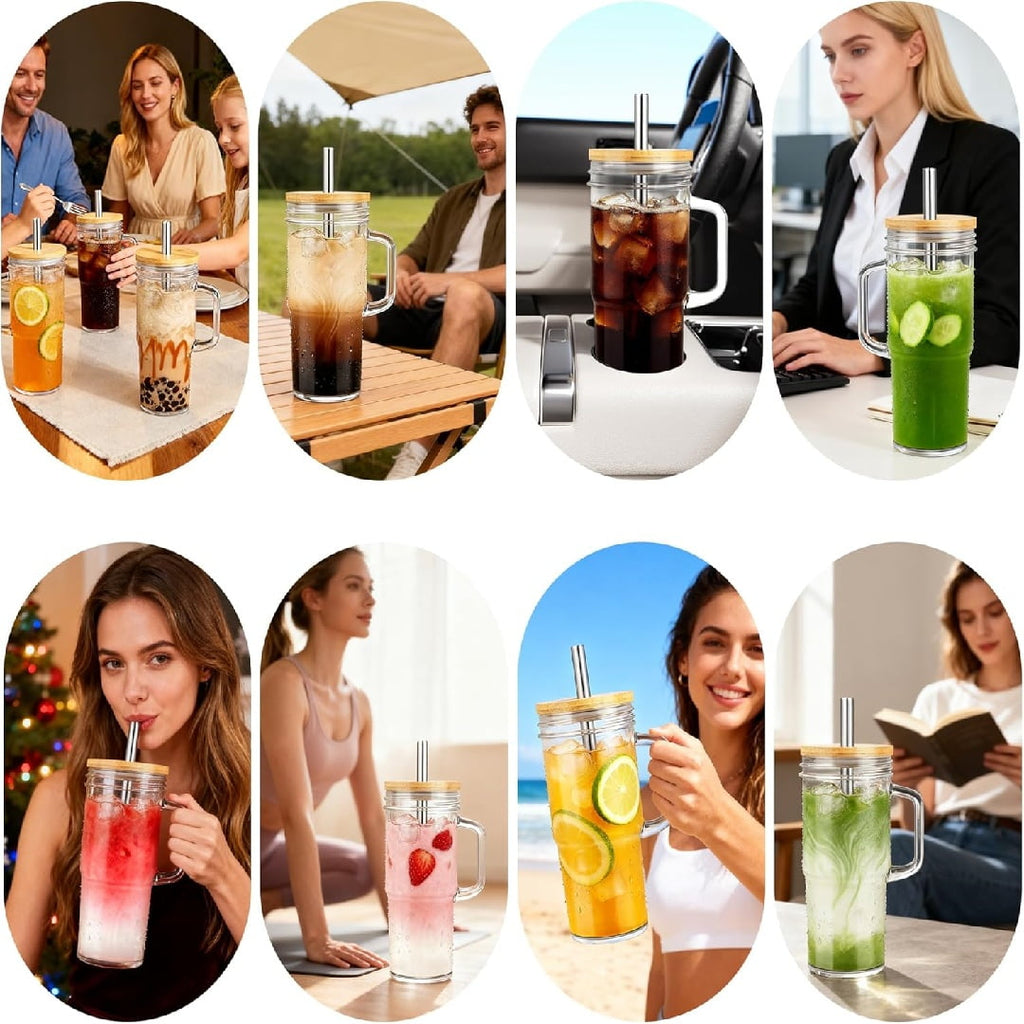 4 Pack 24oz Glass Cups with Lids and Straws, Glass Tumbler With Handle, Reusable Iced Coffee Cup with Lids-Mason Jar with Lid and Straw,Boba Cup for Cold & Hot Drinks,Smoothies Cup,Travel Mug