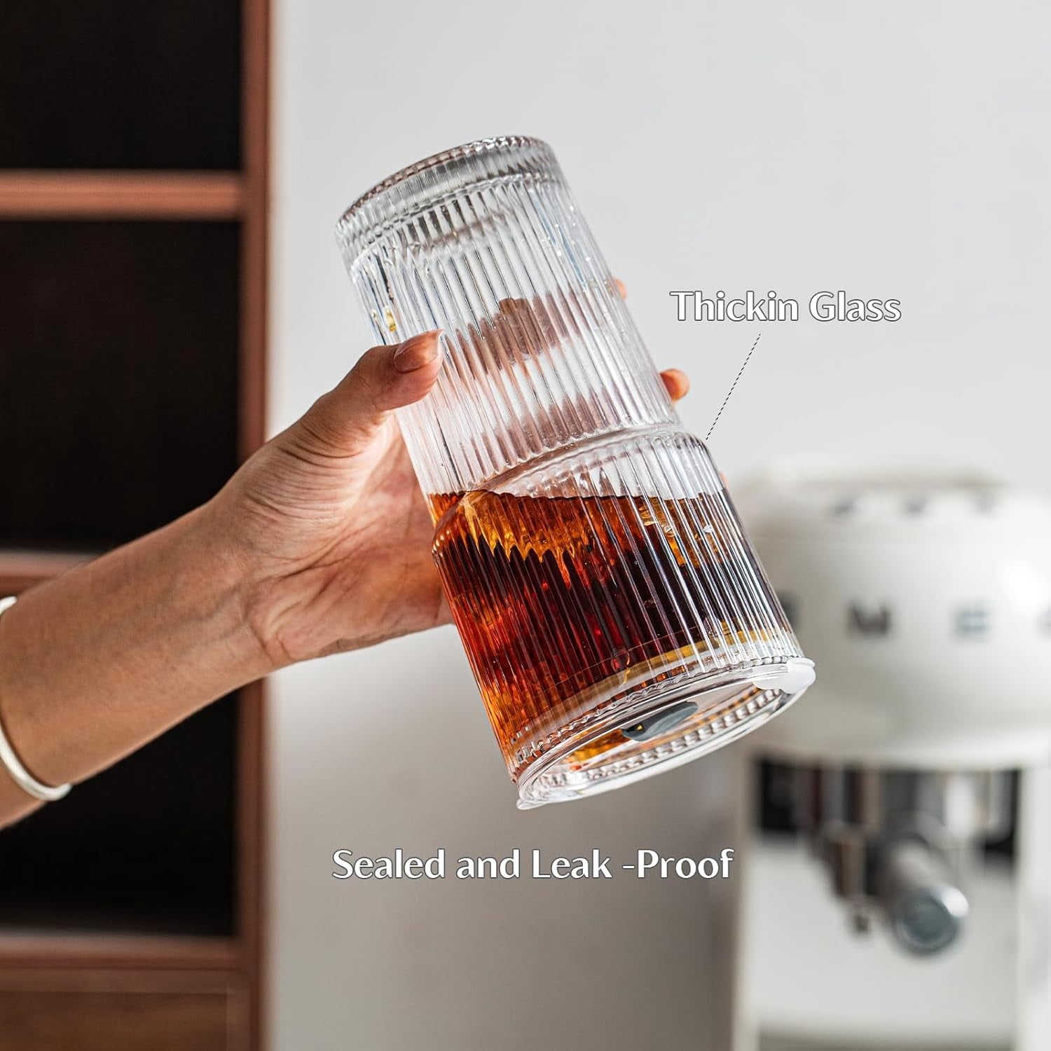 20 oz Ribbed Glass Tumblers with Lids and Glass Straws – 4-Piece Glassware Set, Thickened Glass, Ideal for Iced Coffee, Smoothies, Cocktails, and Juices – Elegant and Durable Drinkware