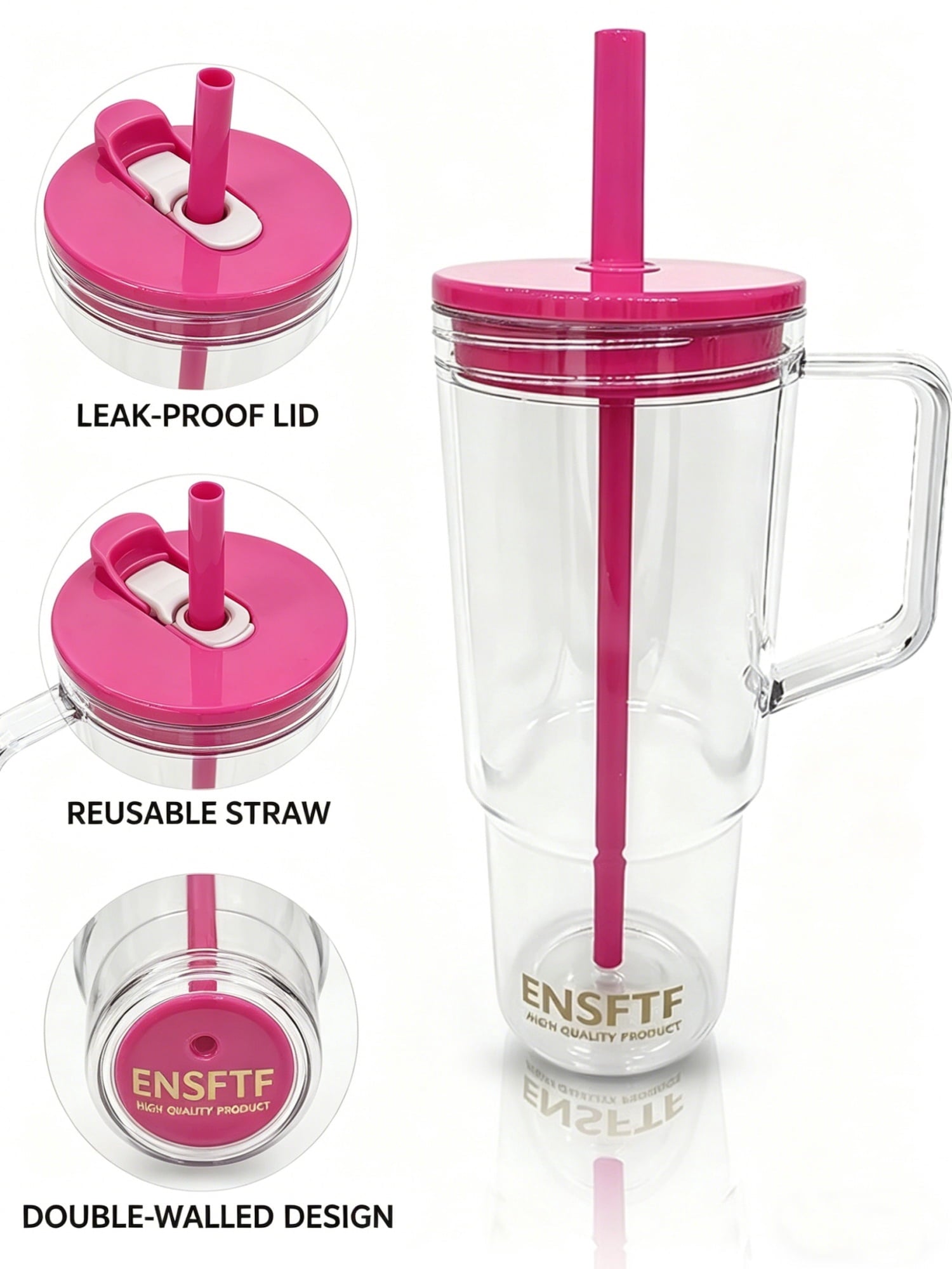 40oz Insulated Clear Tumbler with Handle and Lid & Straw, Reusable Travel Mug for Cold and Hot Drinks, Double-Wall Plastic Water Bottle | Crystal-Clear | Car Cup Holder Fit | Leakproof | BPA-Free