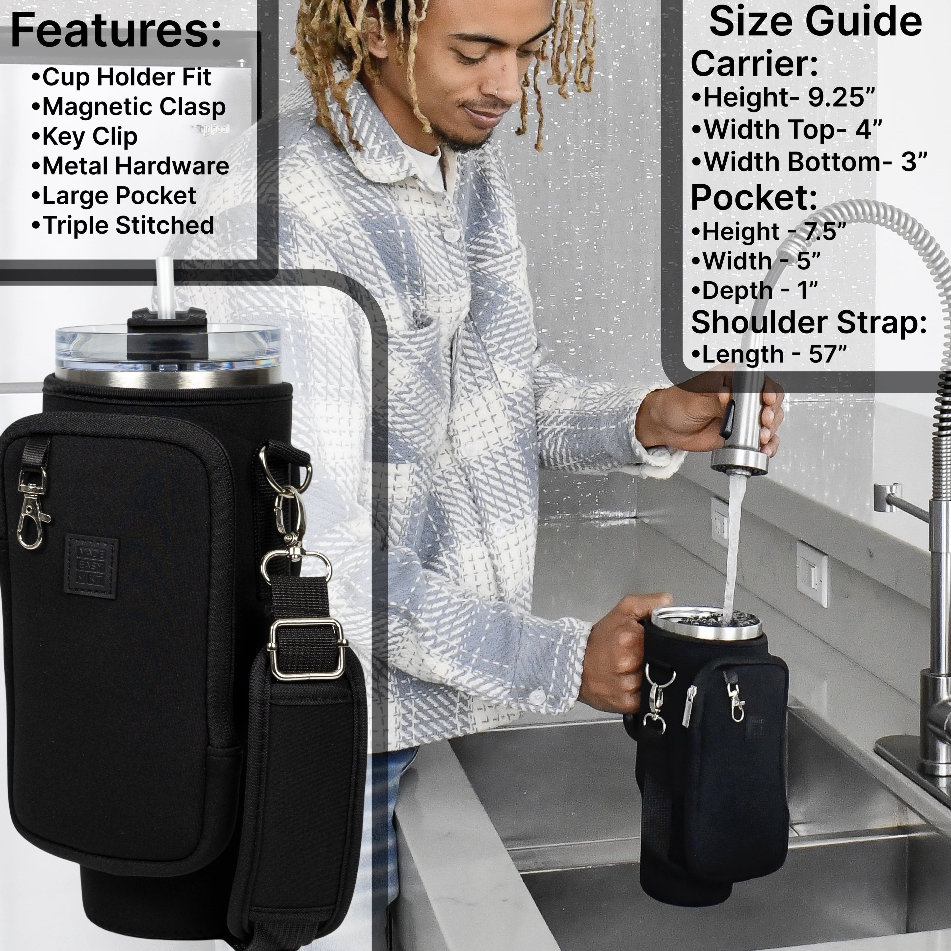 Made Easy Kit Tumbler & Neorpene Pocket Carrier for Water, Iced Tea or Coffee - Stainless Steel Vacuum Insulated Car Cup with Lid, Straw, and Carabiner for Hanging Accessories