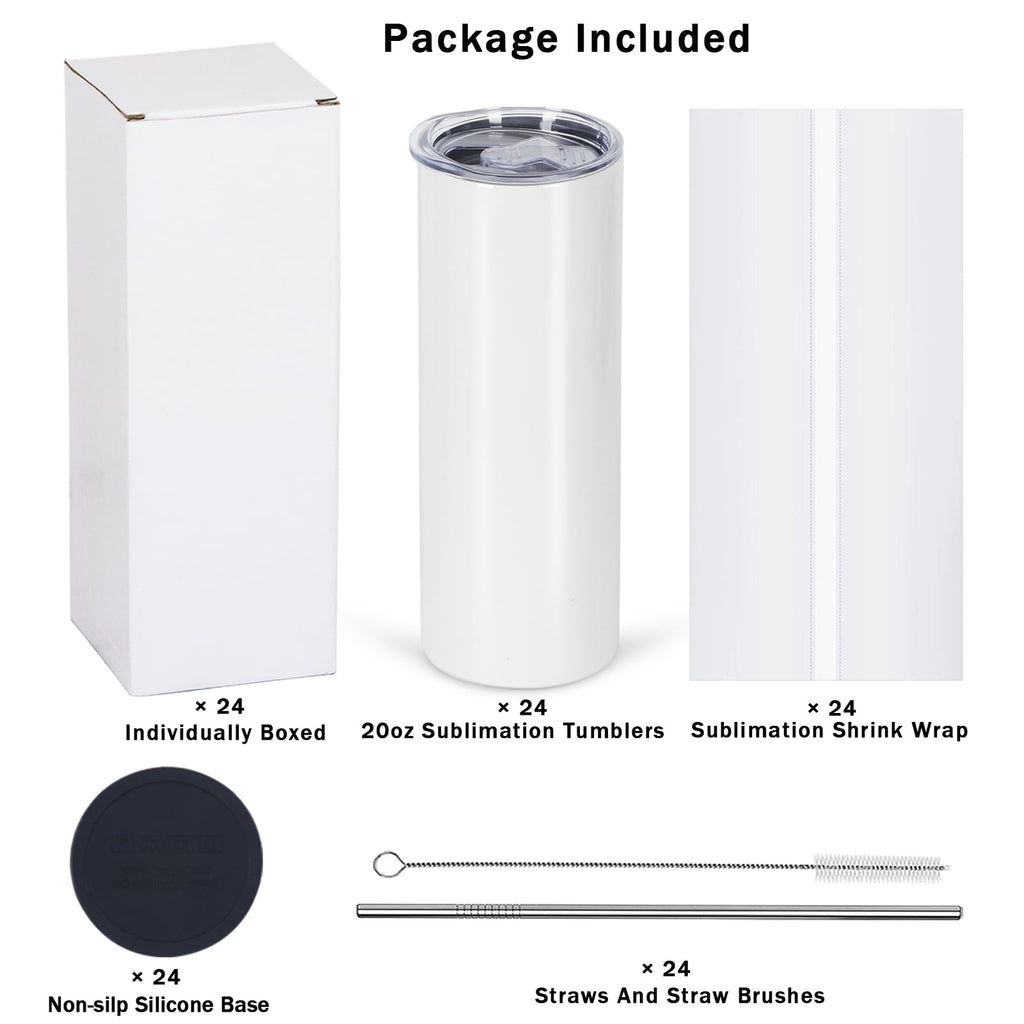 24 Pack, 20 oz Skinny sublimation Tumblers,  Insulated, Stainless Steel, Individually Boxed