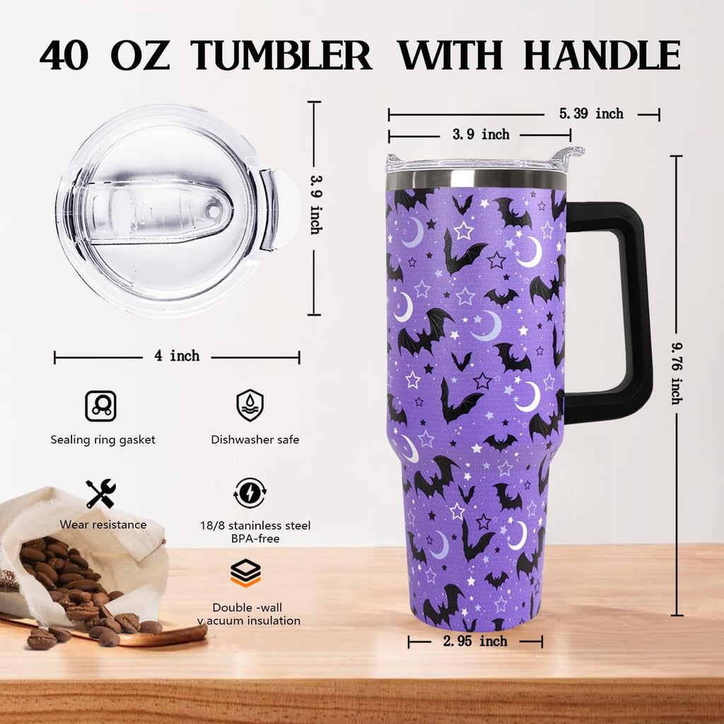 40 oz Bat Coffee Mug Cup Vacuum Insulated Travel Tumbler with Handle Lid and Straw,Gothic Gifts,Halloween Accessories Stuff
